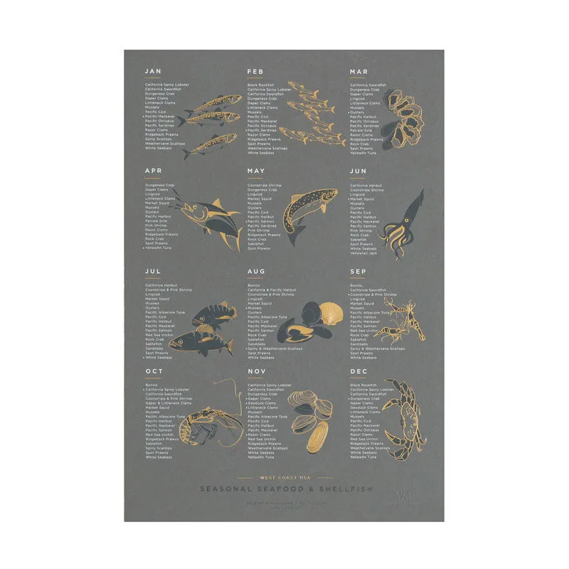 Seasonal Seafood Calendar 13" x 19" Foil Pressed Print