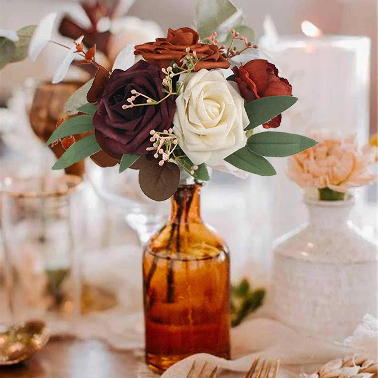 Set of 6 Terracotta Flower Centerpieces in Amber Vases