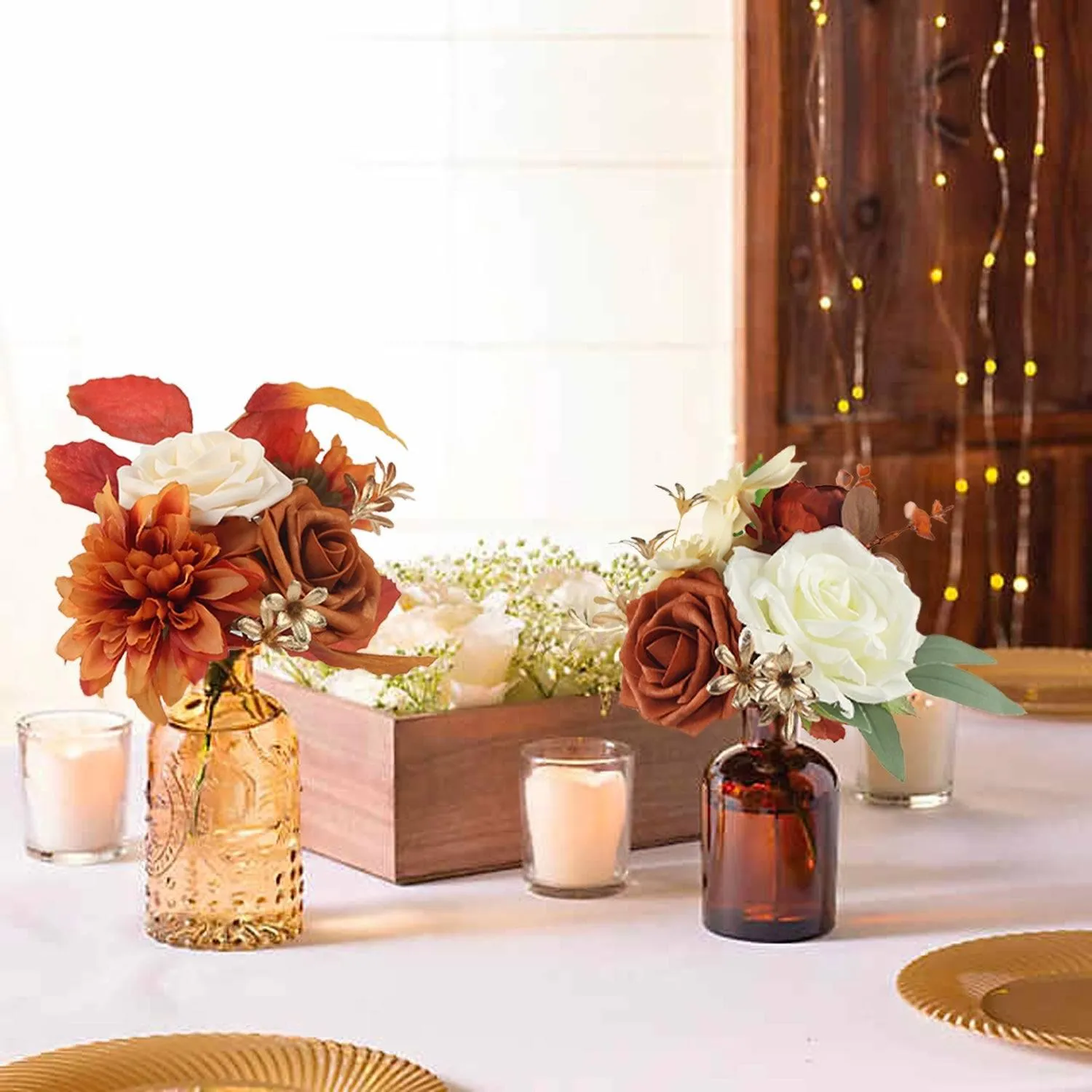Set of 6 Terracotta Flower Centerpieces in Amber Vases