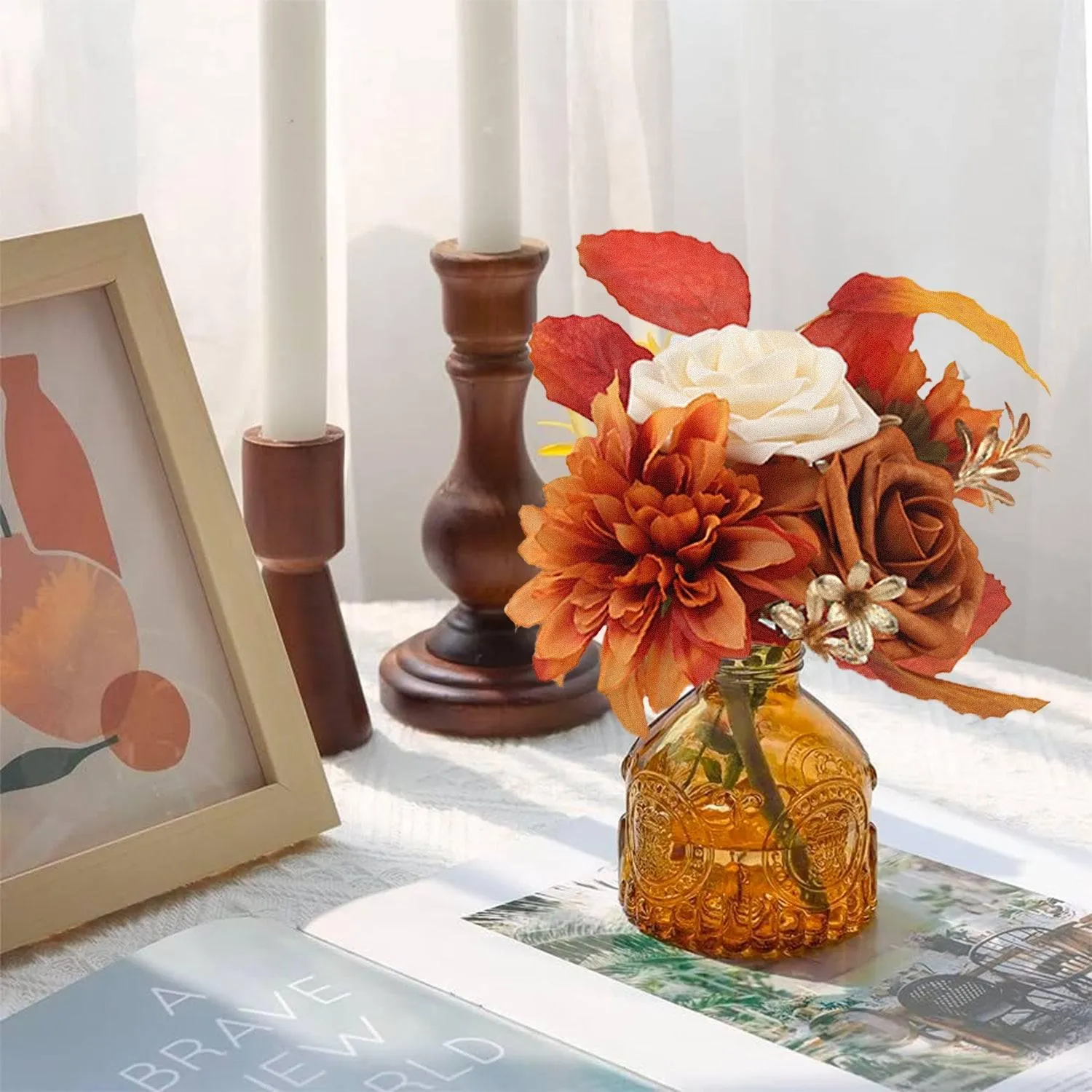 Set of 6 Terracotta Flower Centerpieces in Amber Vases