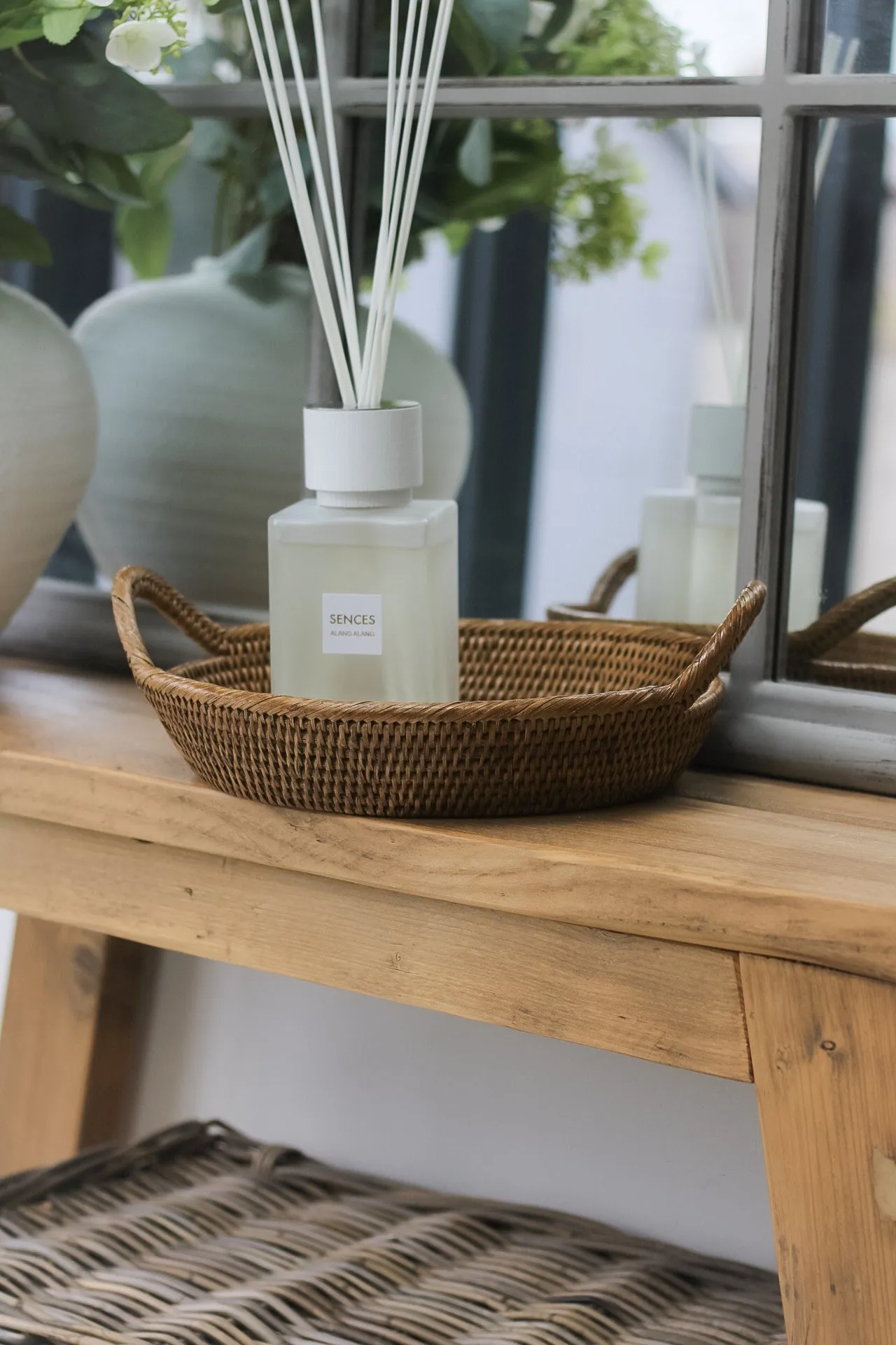 Small Natural Woven Rattan Oval Tray with Handles