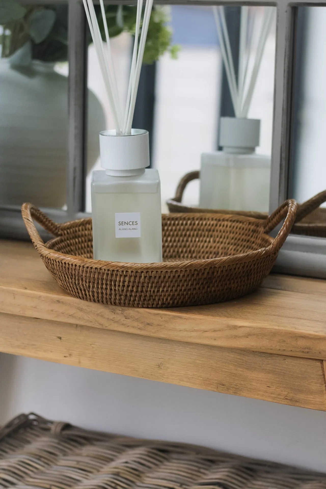 Small Natural Woven Rattan Oval Tray with Handles