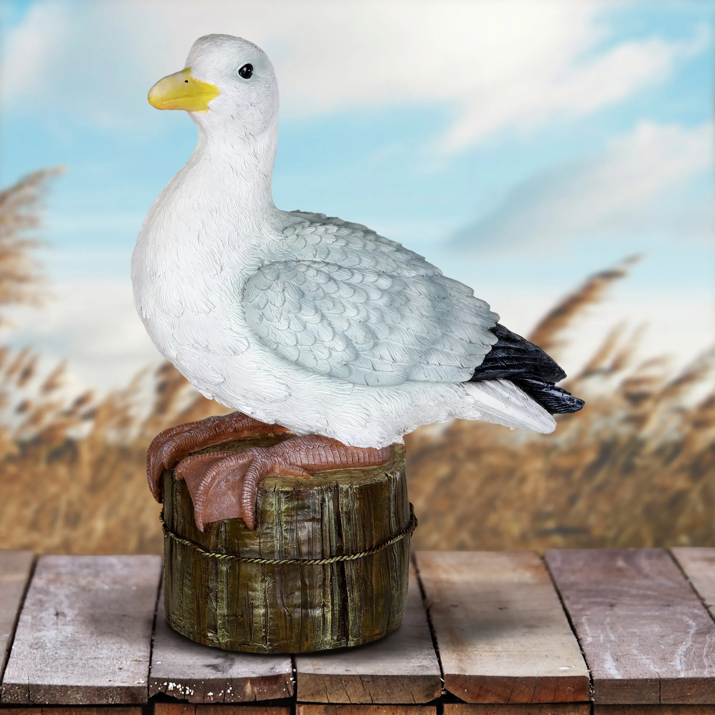 Solar Beach Seagull on a Pier Garden Statue, 15 by 16 Inches