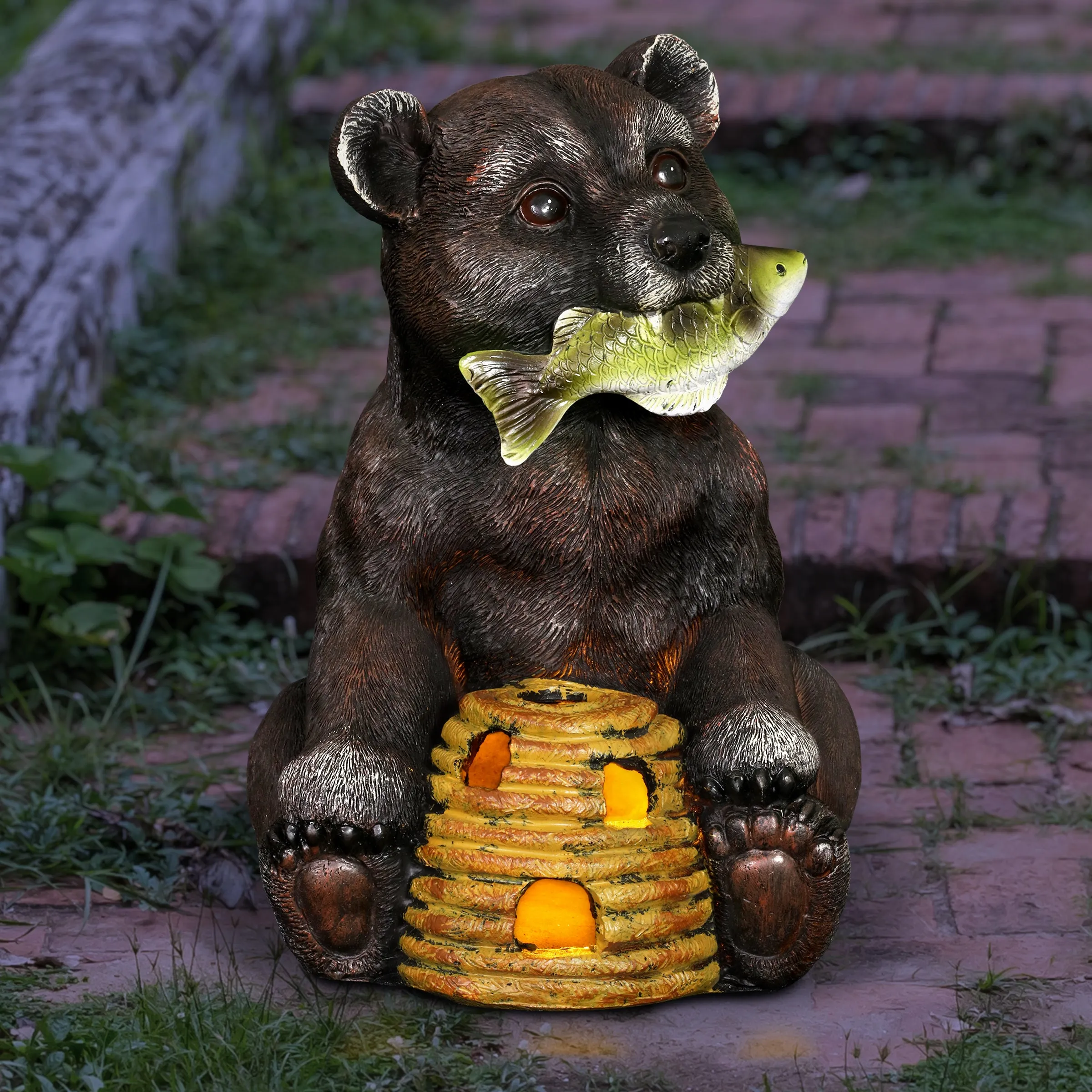 Solar Bear with a Fish and Bee Hive Garden Statue, 12 Inch