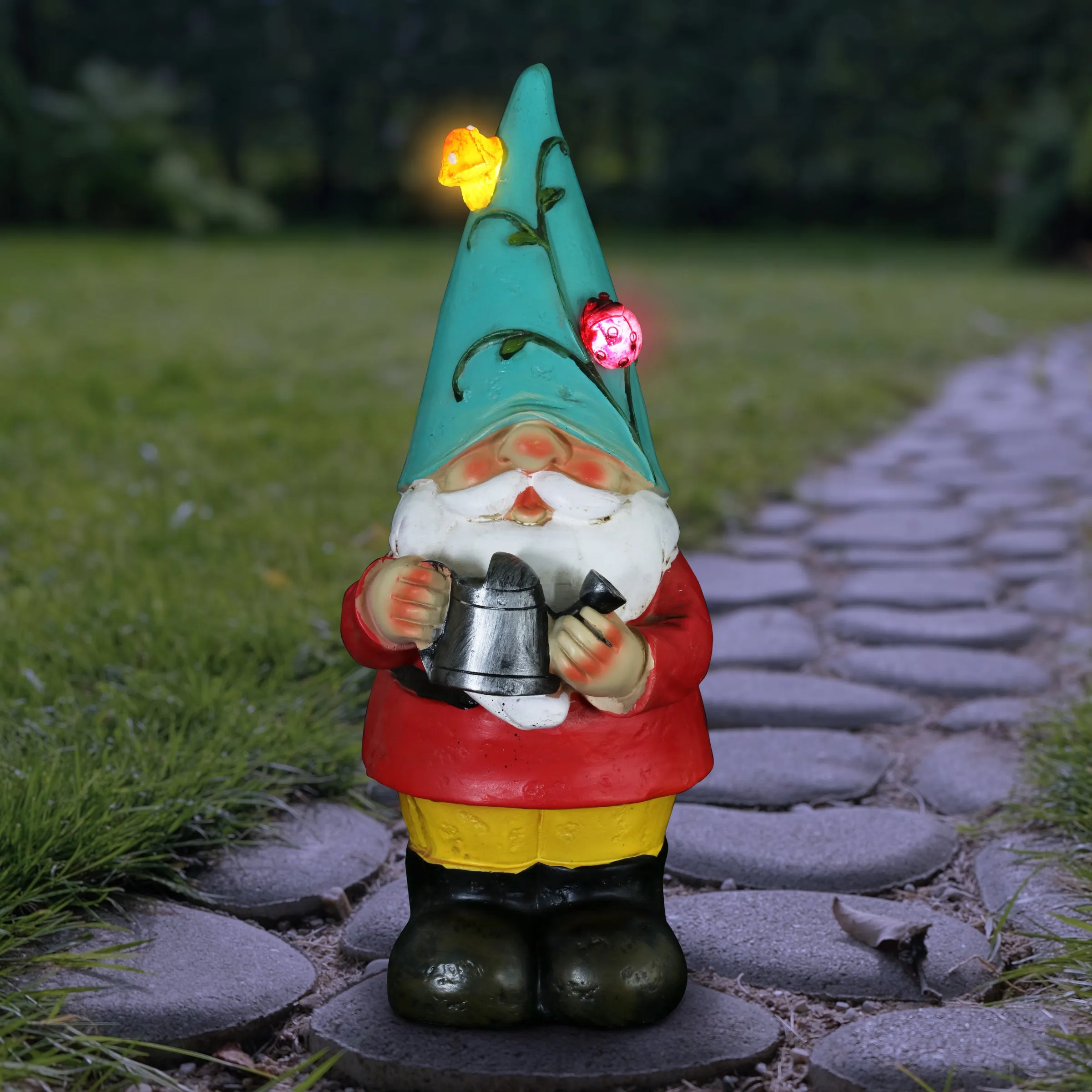 Solar Blue Hat Billy Garden Gnome Statue with Watering Can, 10 Inch