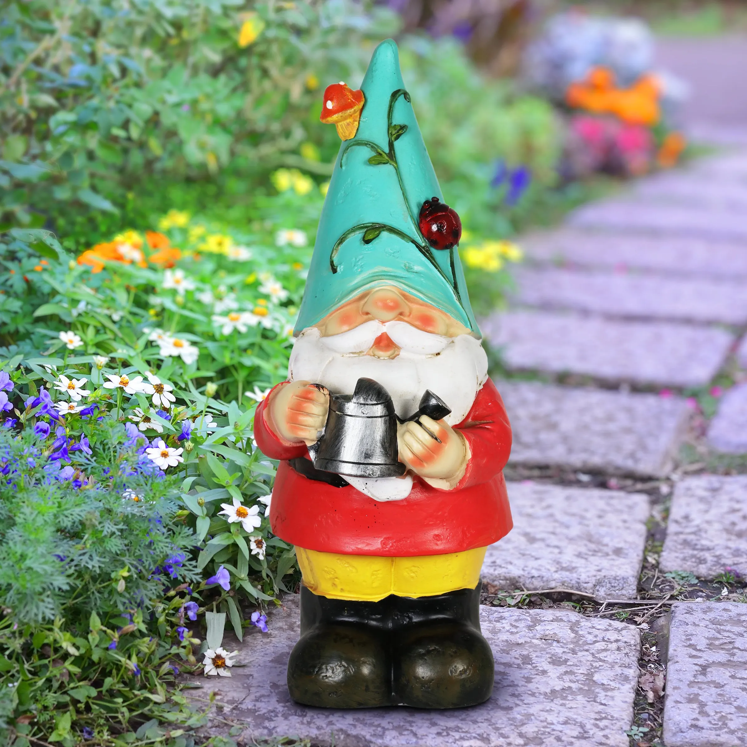 Solar Blue Hat Billy Garden Gnome Statue with Watering Can, 10 Inch