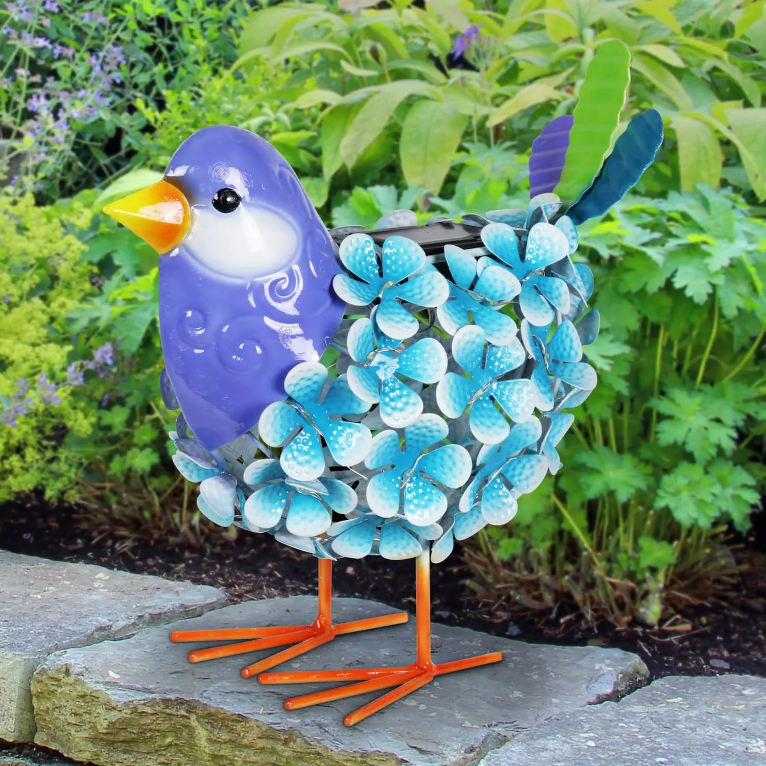 Solar Blue Metal Song Bird with 38 LEDs in a Flower Body Garden Statue, 6 by 7.5 Inches