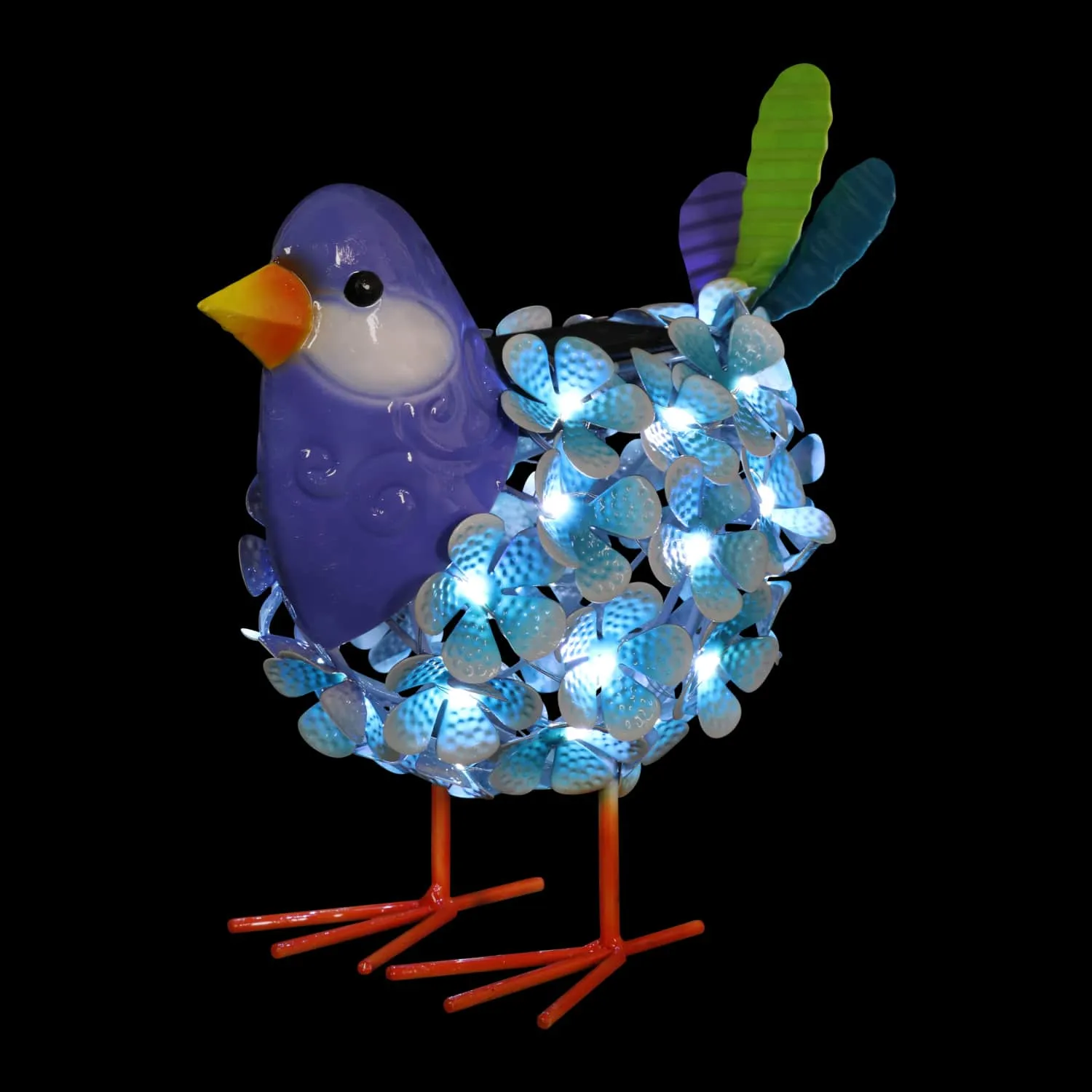 Solar Blue Metal Song Bird with 38 LEDs in a Flower Body Garden Statue, 6 by 7.5 Inches