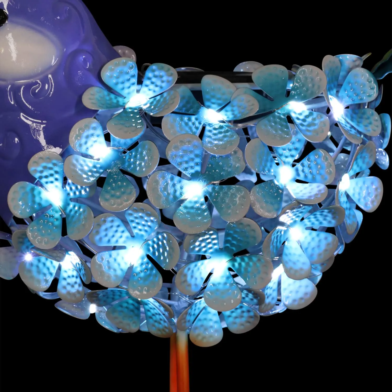 Solar Blue Metal Song Bird with 38 LEDs in a Flower Body Garden Statue, 6 by 7.5 Inches