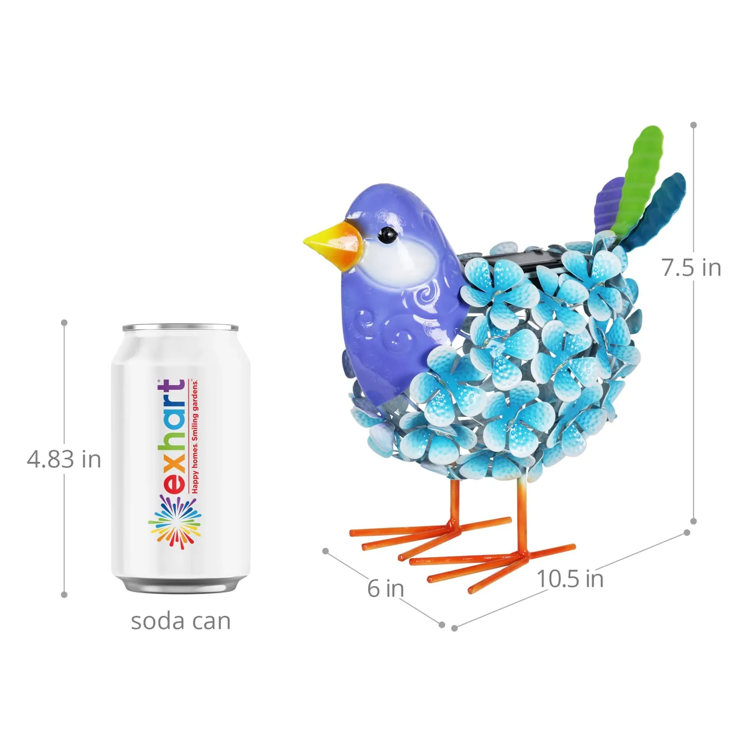 Solar Blue Metal Song Bird with 38 LEDs in a Flower Body Garden Statue, 6 by 7.5 Inches