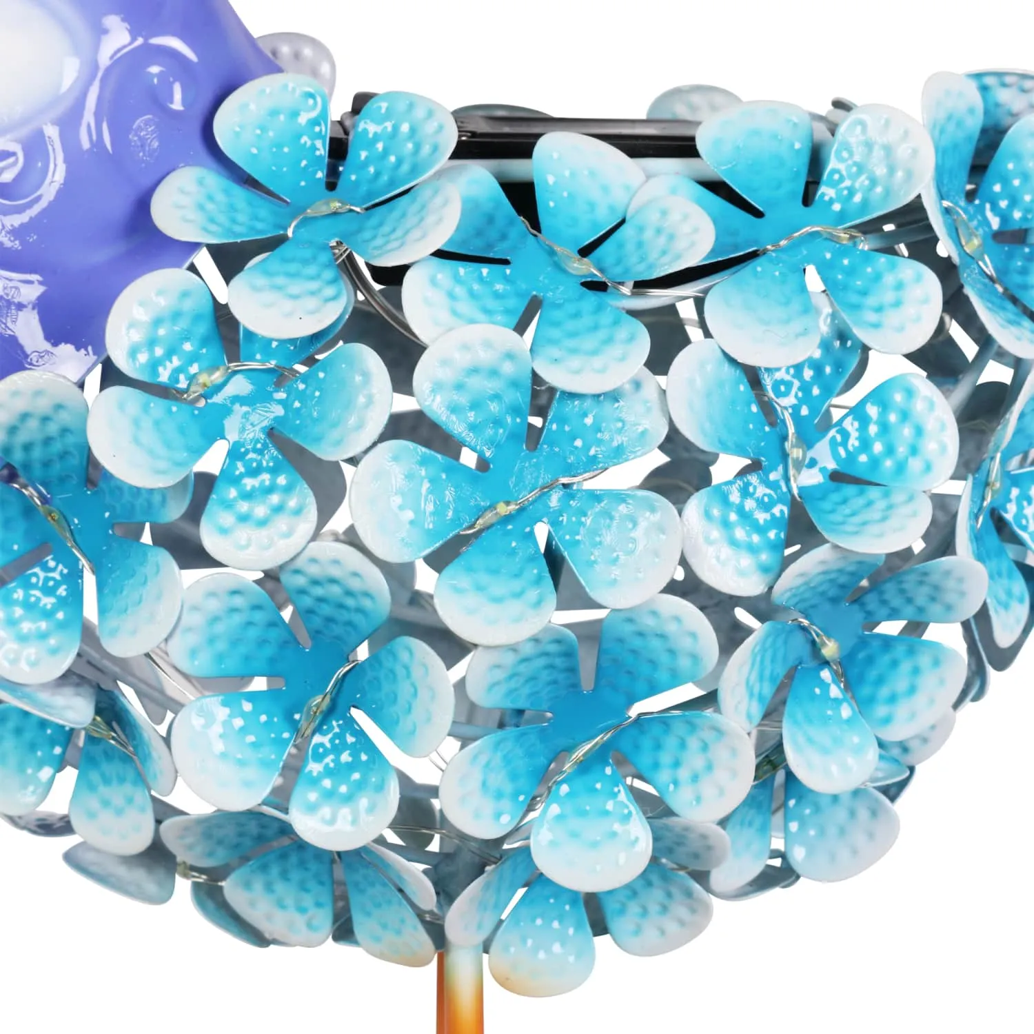 Solar Blue Metal Song Bird with 38 LEDs in a Flower Body Garden Statue, 6 by 7.5 Inches