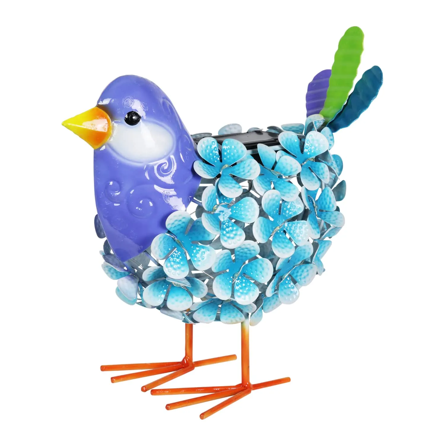 Solar Blue Metal Song Bird with 38 LEDs in a Flower Body Garden Statue, 6 by 7.5 Inches