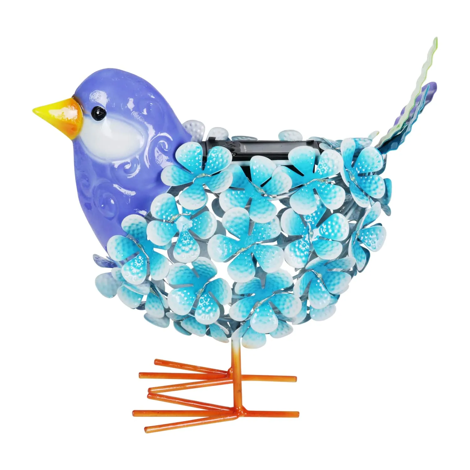 Solar Blue Metal Song Bird with 38 LEDs in a Flower Body Garden Statue, 6 by 7.5 Inches