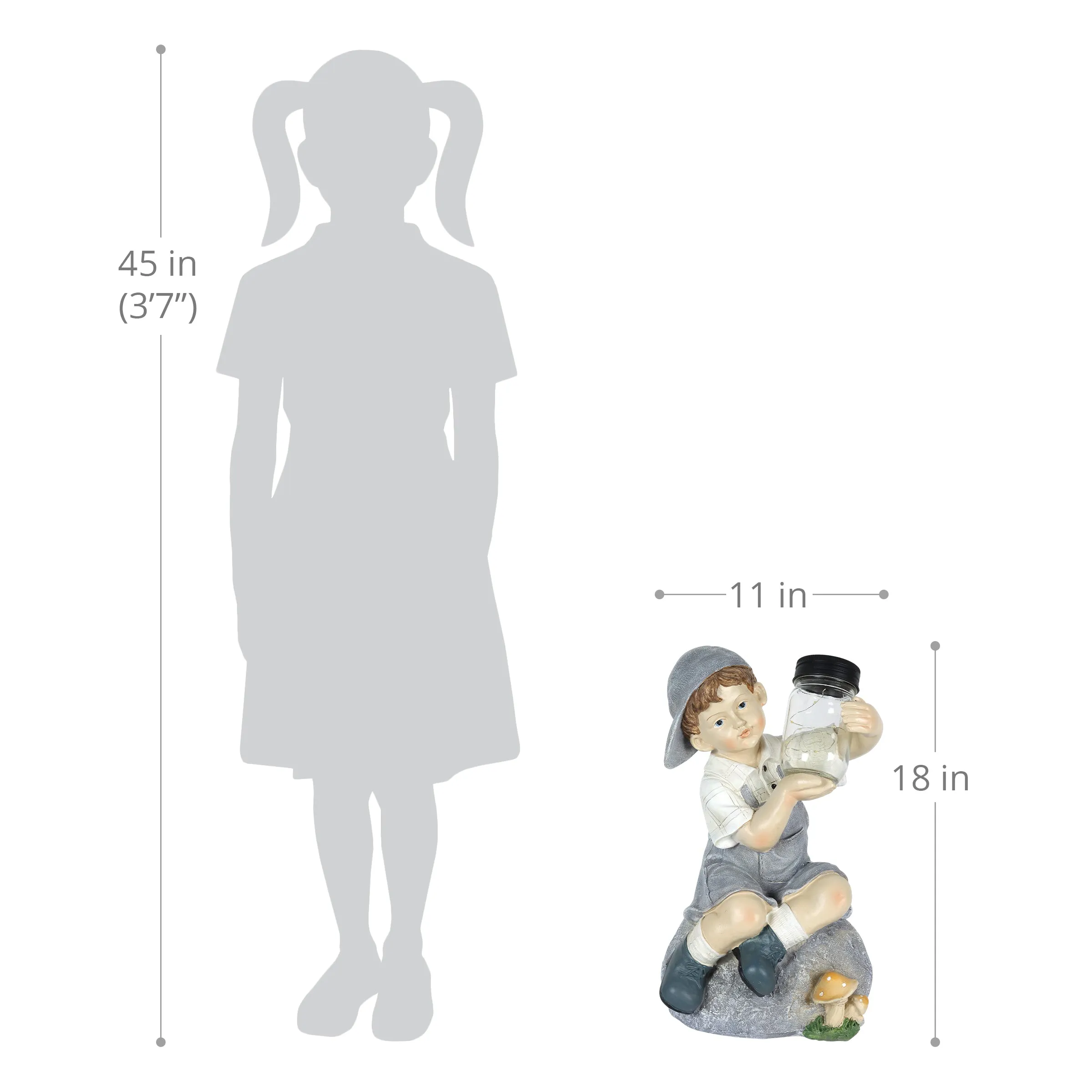 Solar Boy Holding a LED Firefly Jar Garden Statuary, 18 Inches tall