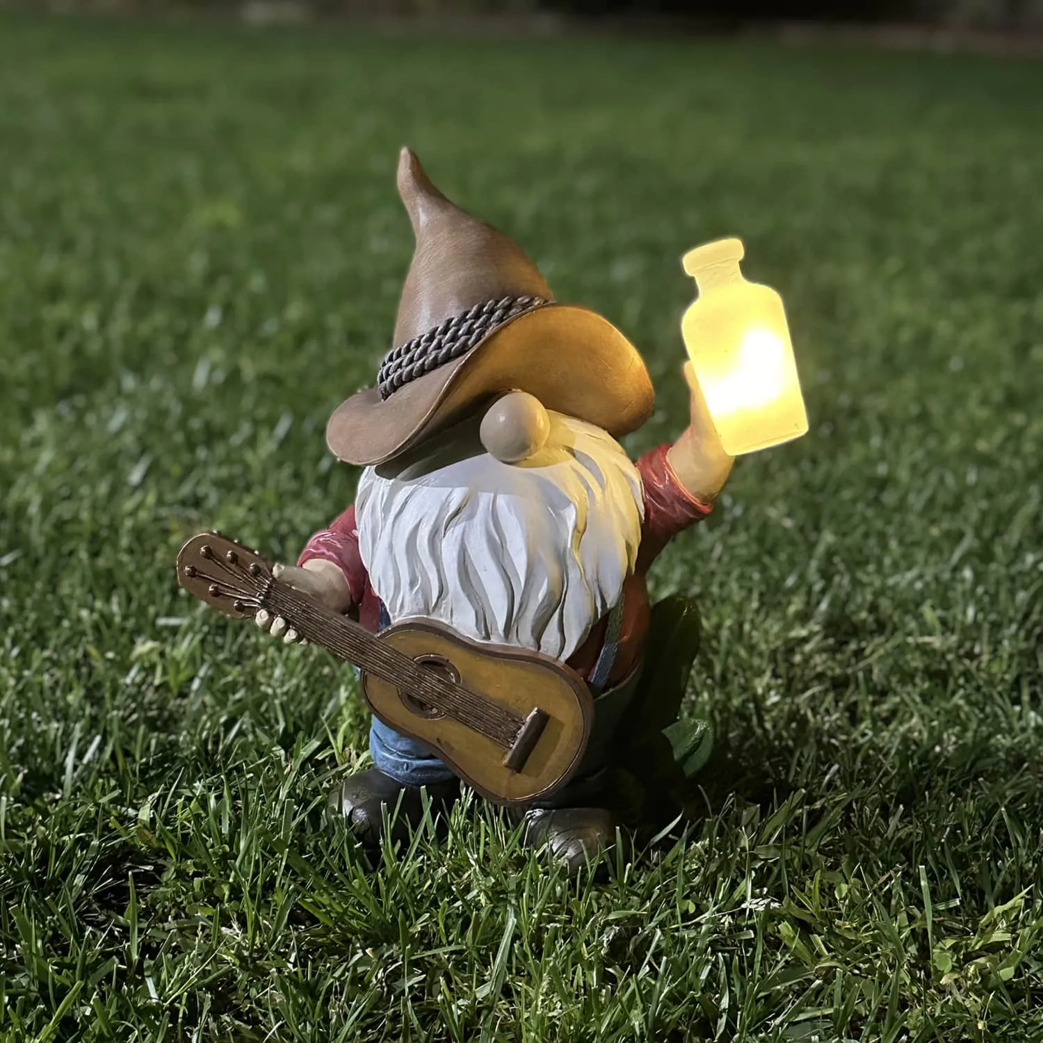 Solar Cowboy Gnome Statue with Guitar and Glowing Bottle, 9 x 5 x 11 Inches