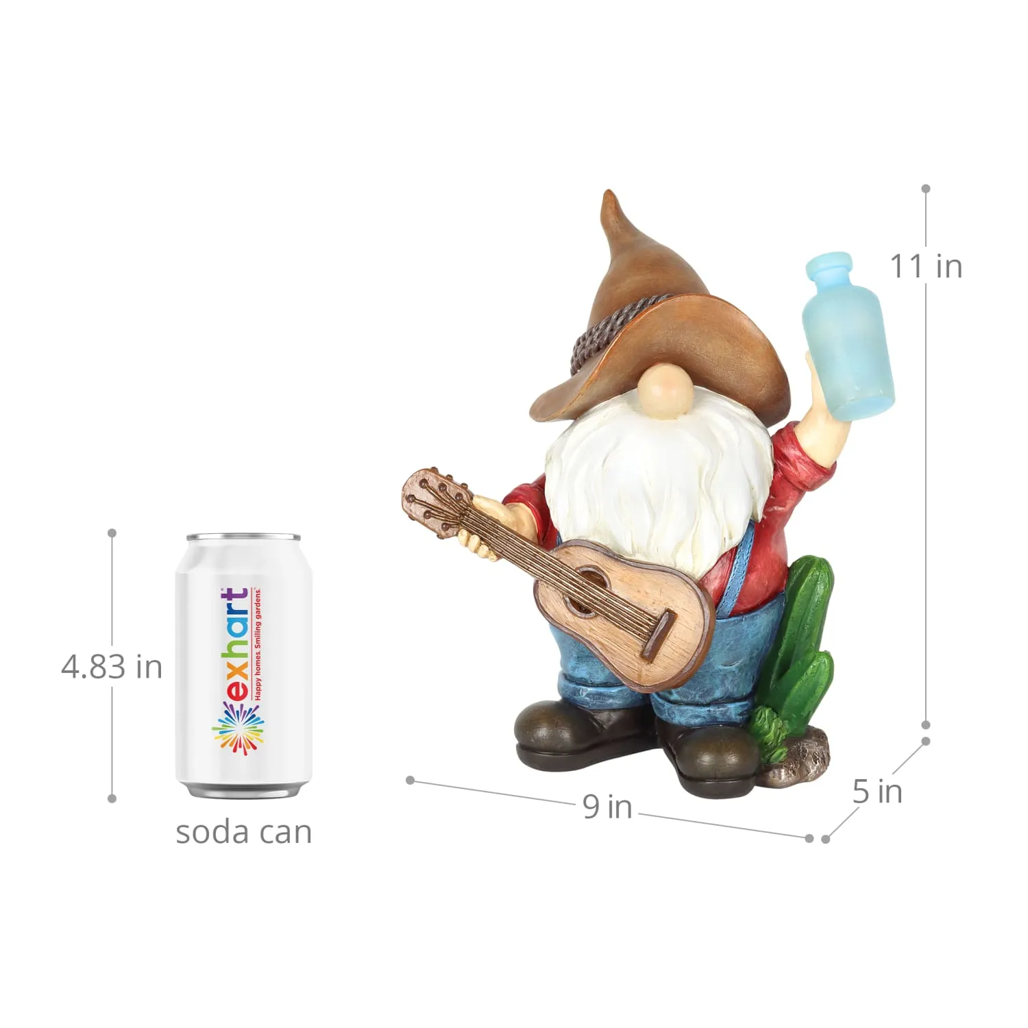 Solar Cowboy Gnome Statue with Guitar and Glowing Bottle, 9 x 5 x 11 Inches