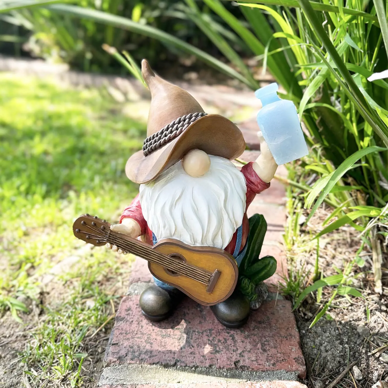 Solar Cowboy Gnome Statue with Guitar and Glowing Bottle, 9 x 5 x 11 Inches