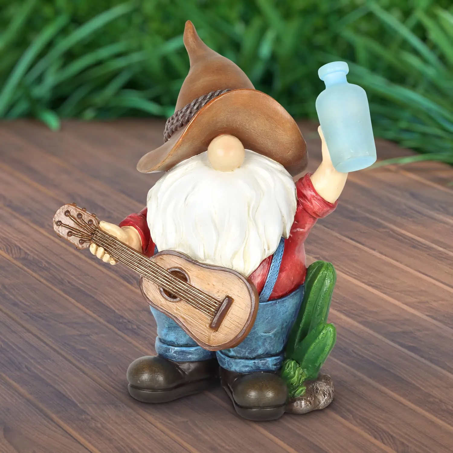 Solar Cowboy Gnome Statue with Guitar and Glowing Bottle, 9 x 5 x 11 Inches