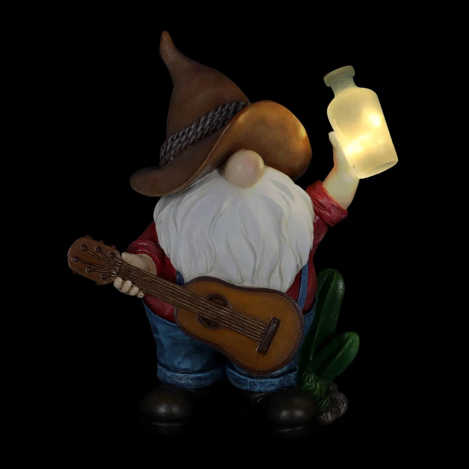 Solar Cowboy Gnome Statue with Guitar and Glowing Bottle, 9 x 5 x 11 Inches