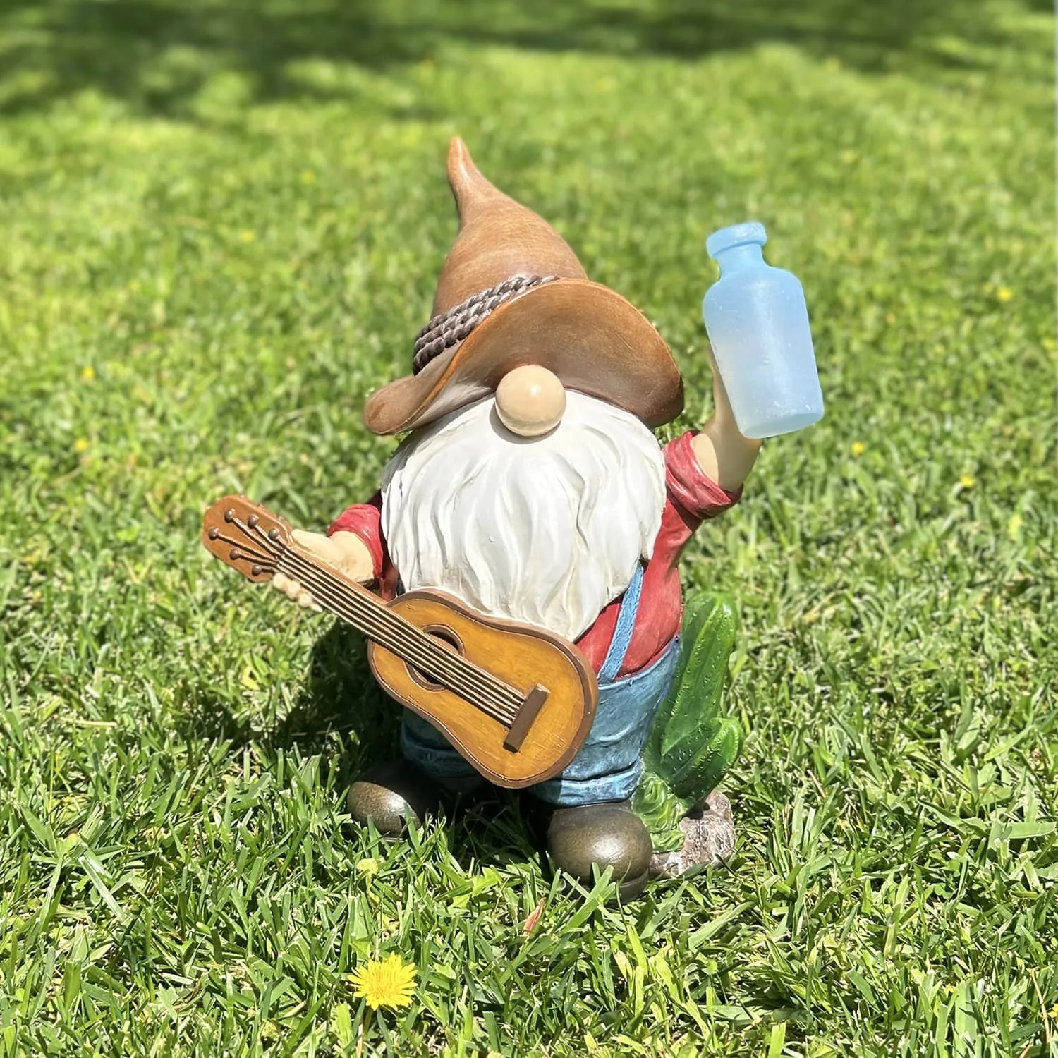Solar Cowboy Gnome Statue with Guitar and Glowing Bottle, 9 x 5 x 11 Inches