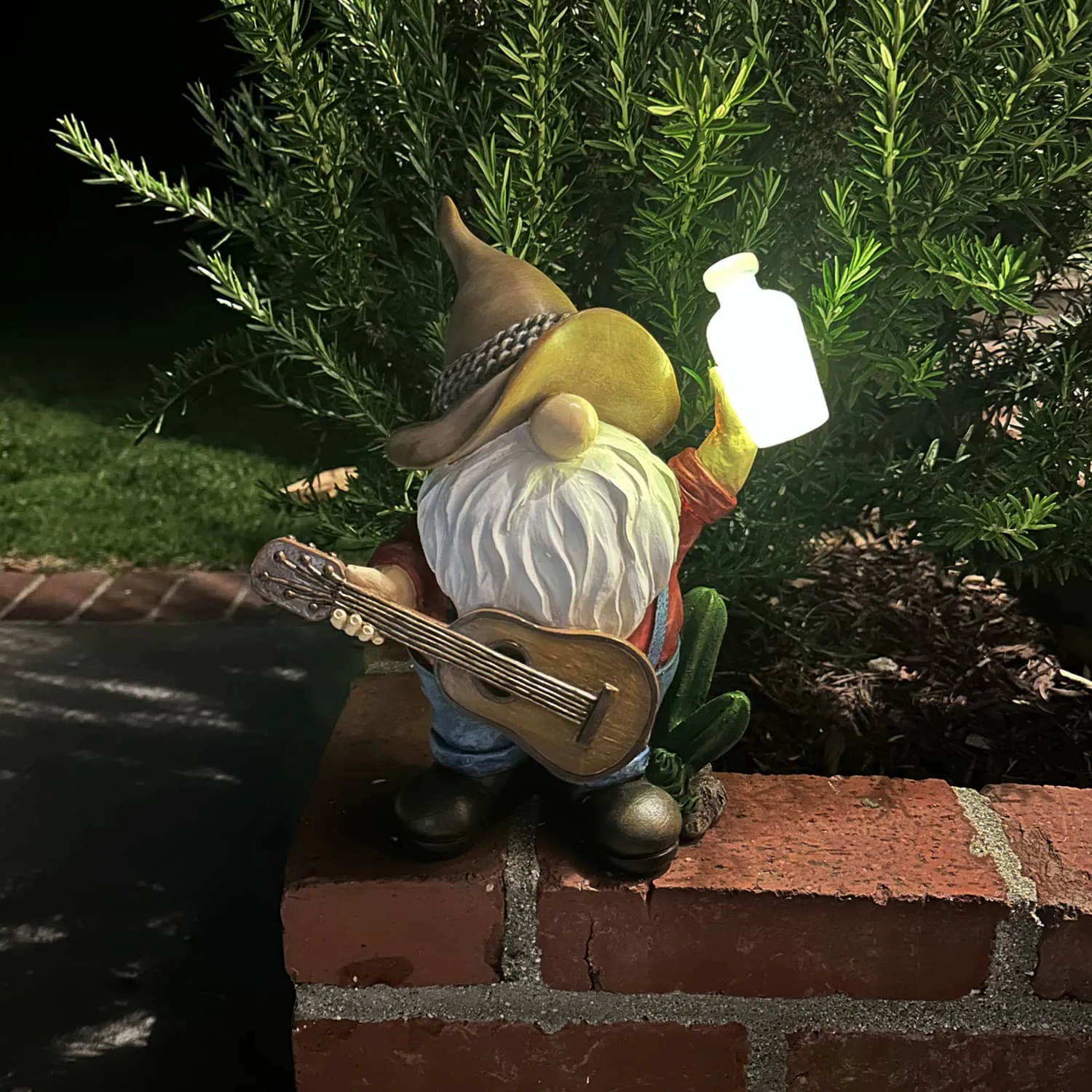 Solar Cowboy Gnome Statue with Guitar and Glowing Bottle, 9 x 5 x 11 Inches