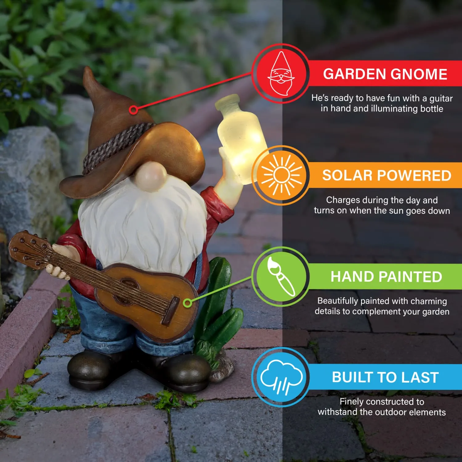 Solar Cowboy Gnome Statue with Guitar and Glowing Bottle, 9 x 5 x 11 Inches