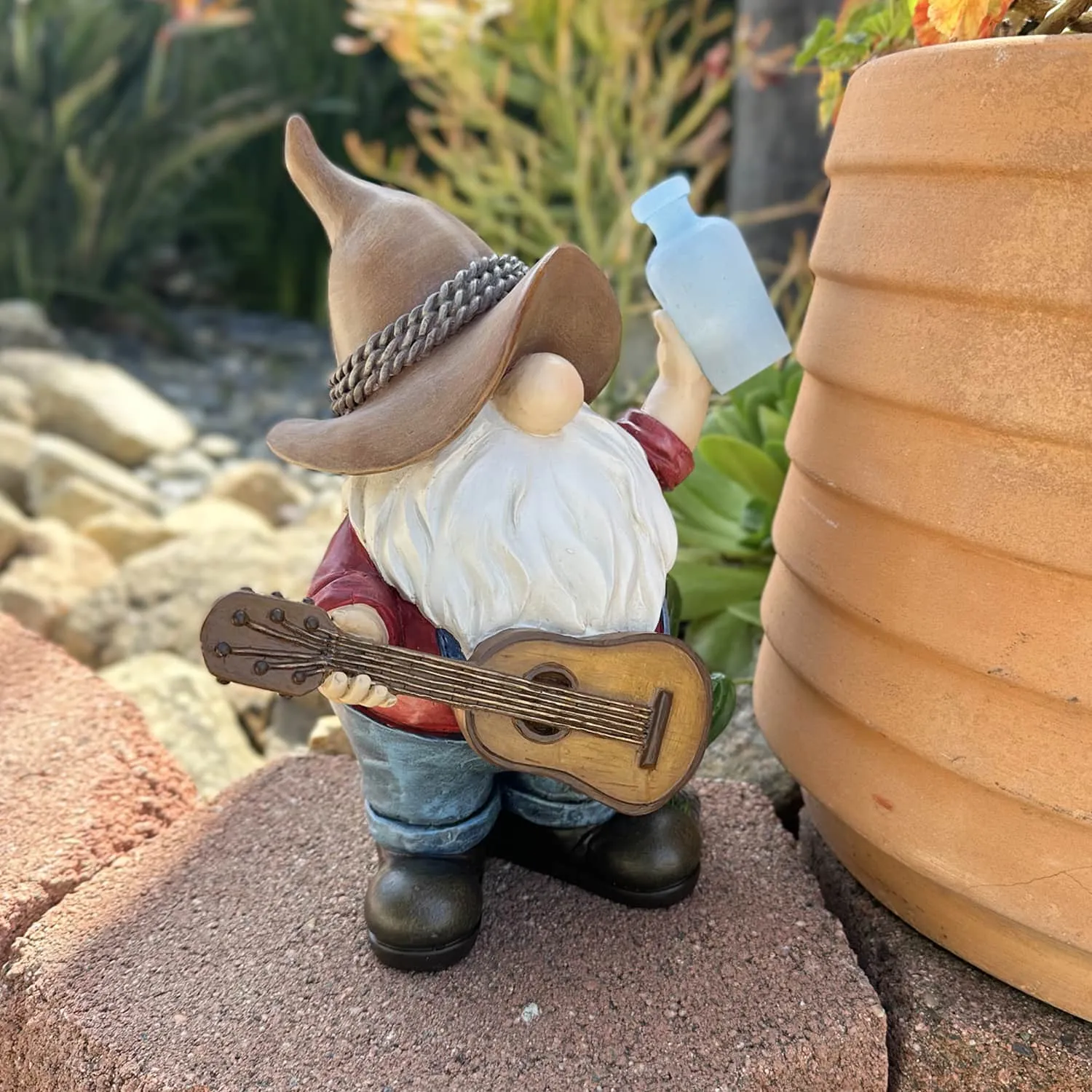 Solar Cowboy Gnome Statue with Guitar and Glowing Bottle, 9 x 5 x 11 Inches