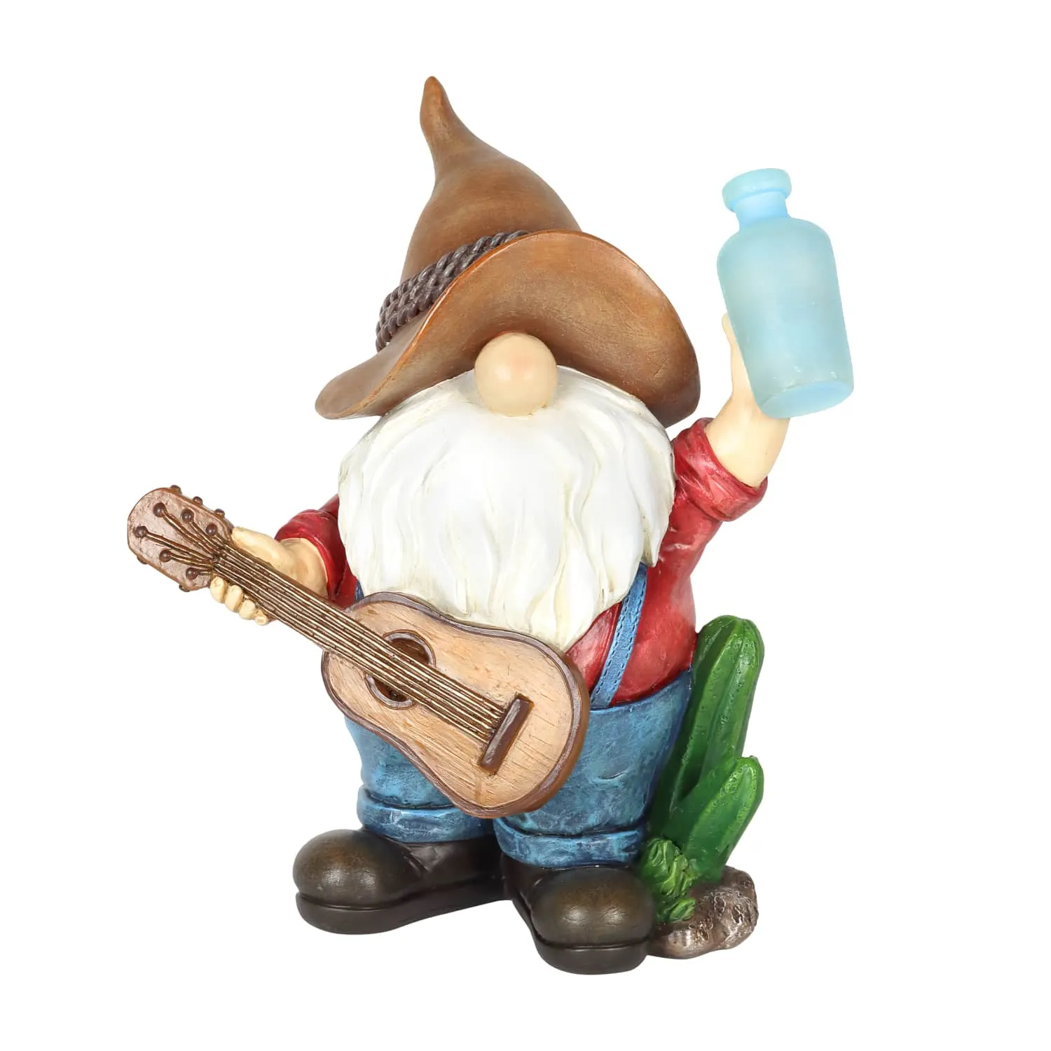 Solar Cowboy Gnome Statue with Guitar and Glowing Bottle, 9 x 5 x 11 Inches