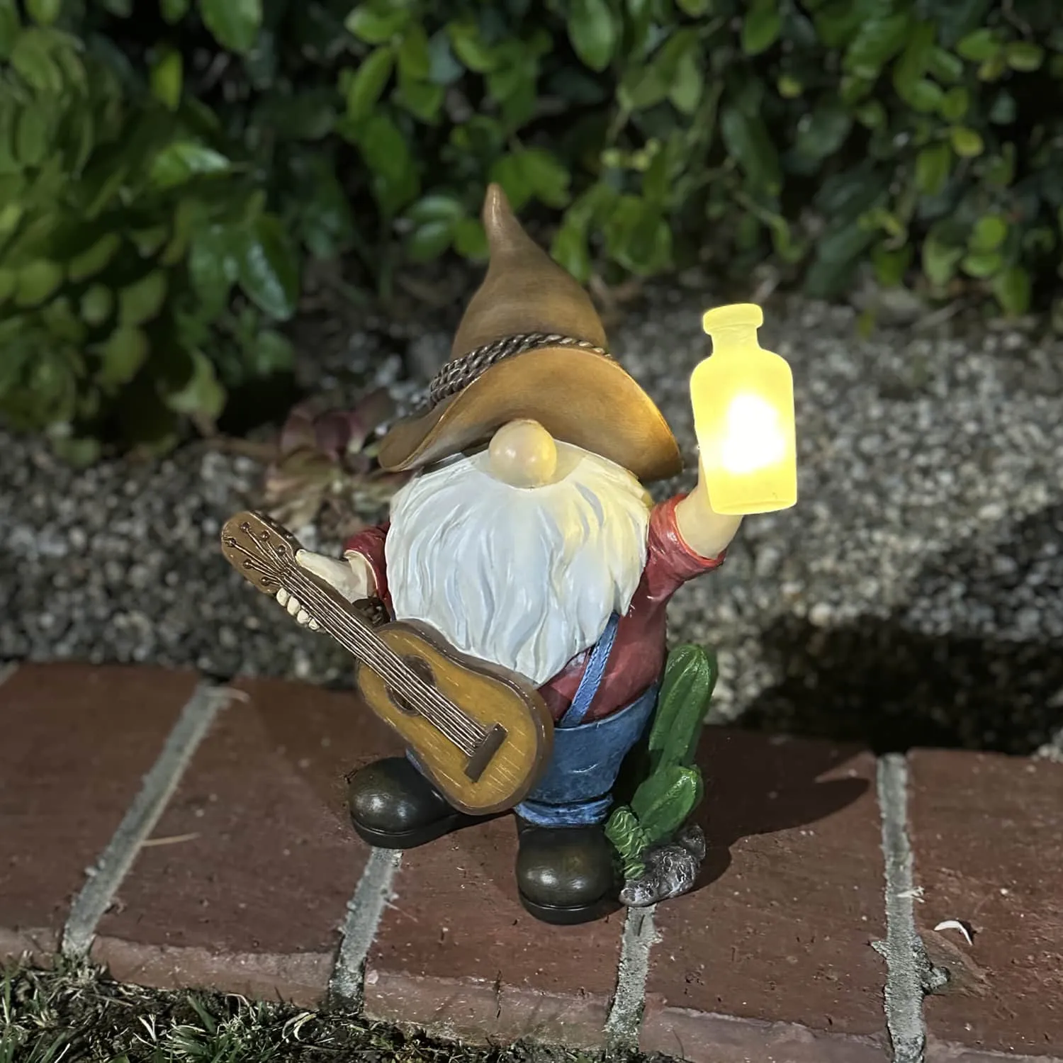 Solar Cowboy Gnome Statue with Guitar and Glowing Bottle, 9 x 5 x 11 Inches