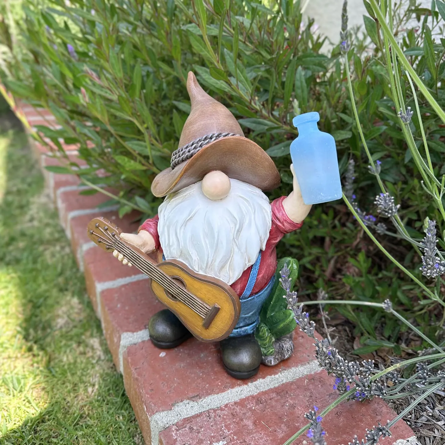 Solar Cowboy Gnome Statue with Guitar and Glowing Bottle, 9 x 5 x 11 Inches