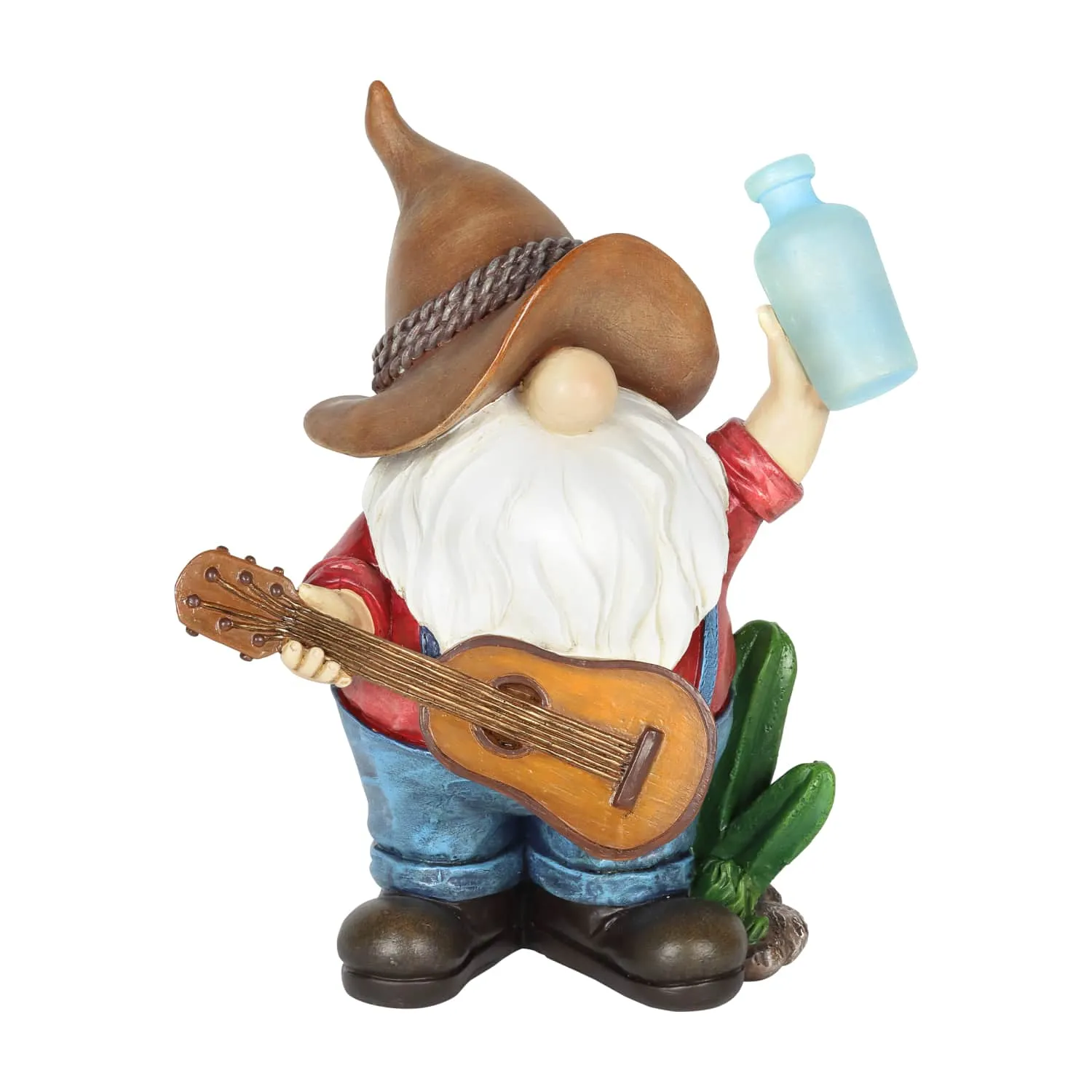 Solar Cowboy Gnome Statue with Guitar and Glowing Bottle, 9 x 5 x 11 Inches