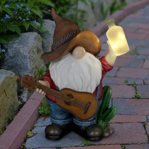 Solar Cowboy Gnome Statue with Guitar and Glowing Bottle, 9 x 5 x 11 Inches