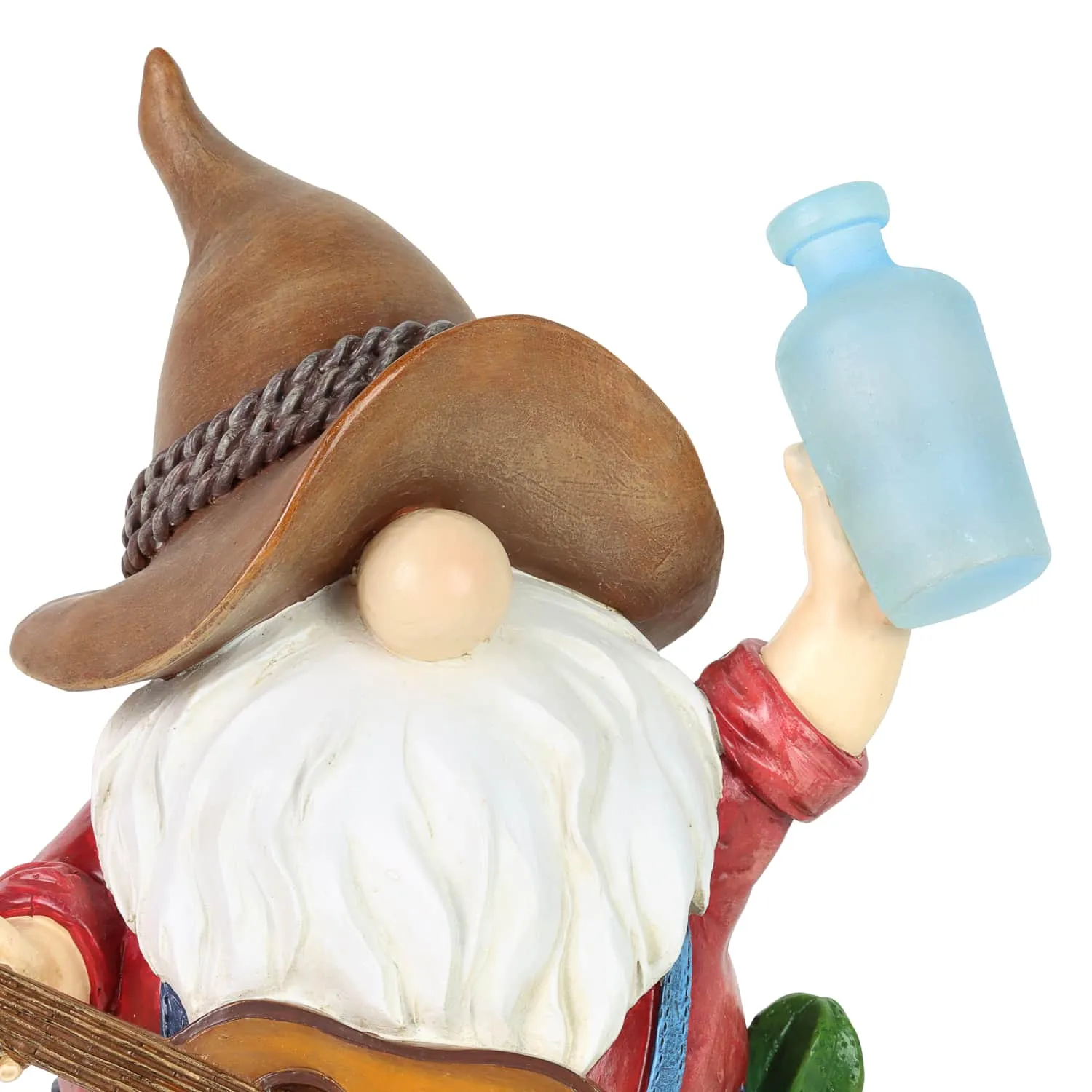 Solar Cowboy Gnome Statue with Guitar and Glowing Bottle, 9 x 5 x 11 Inches