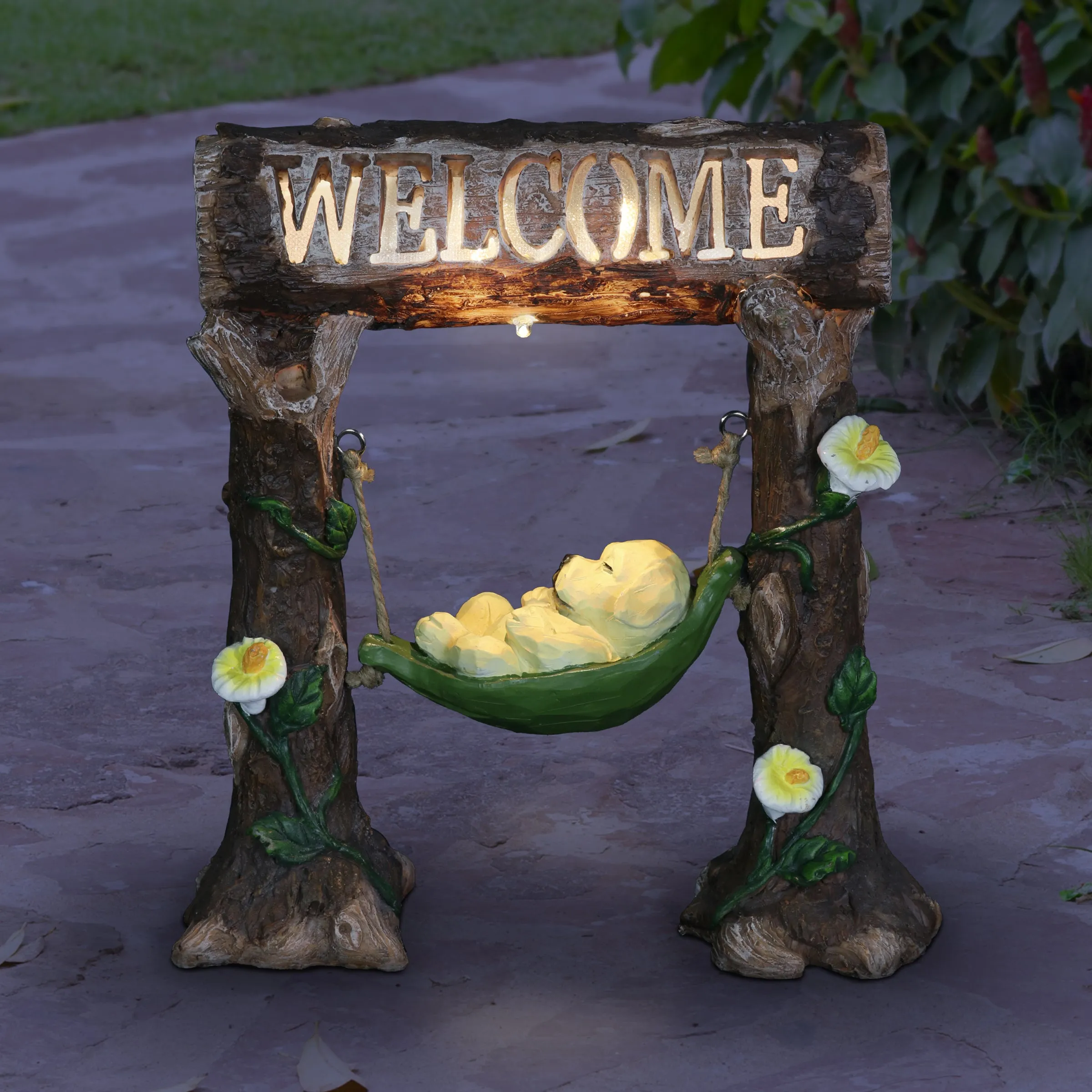 Solar Dog in a Welcome Hammock Hand Painted Garden Statuary, 9.5 by 10.5 Inches