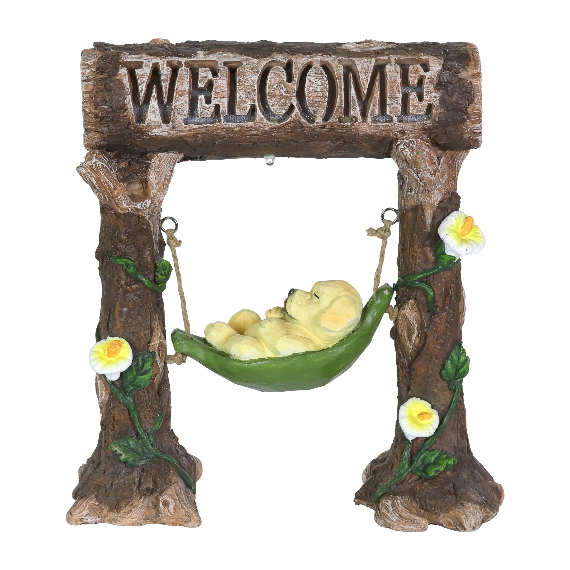 Solar Dog in a Welcome Hammock Hand Painted Garden Statuary, 9.5 by 10.5 Inches