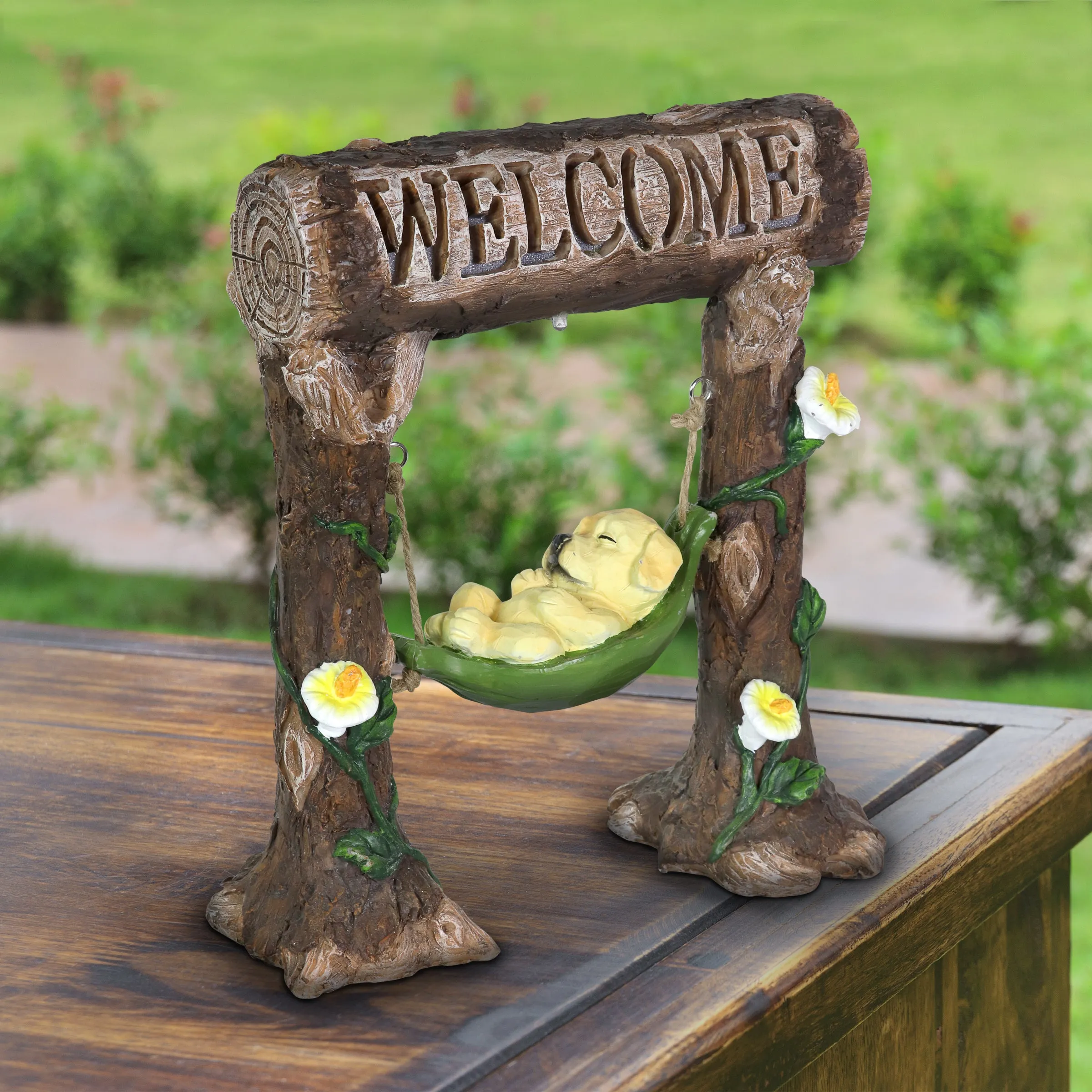 Solar Dog in a Welcome Hammock Hand Painted Garden Statuary, 9.5 by 10.5 Inches