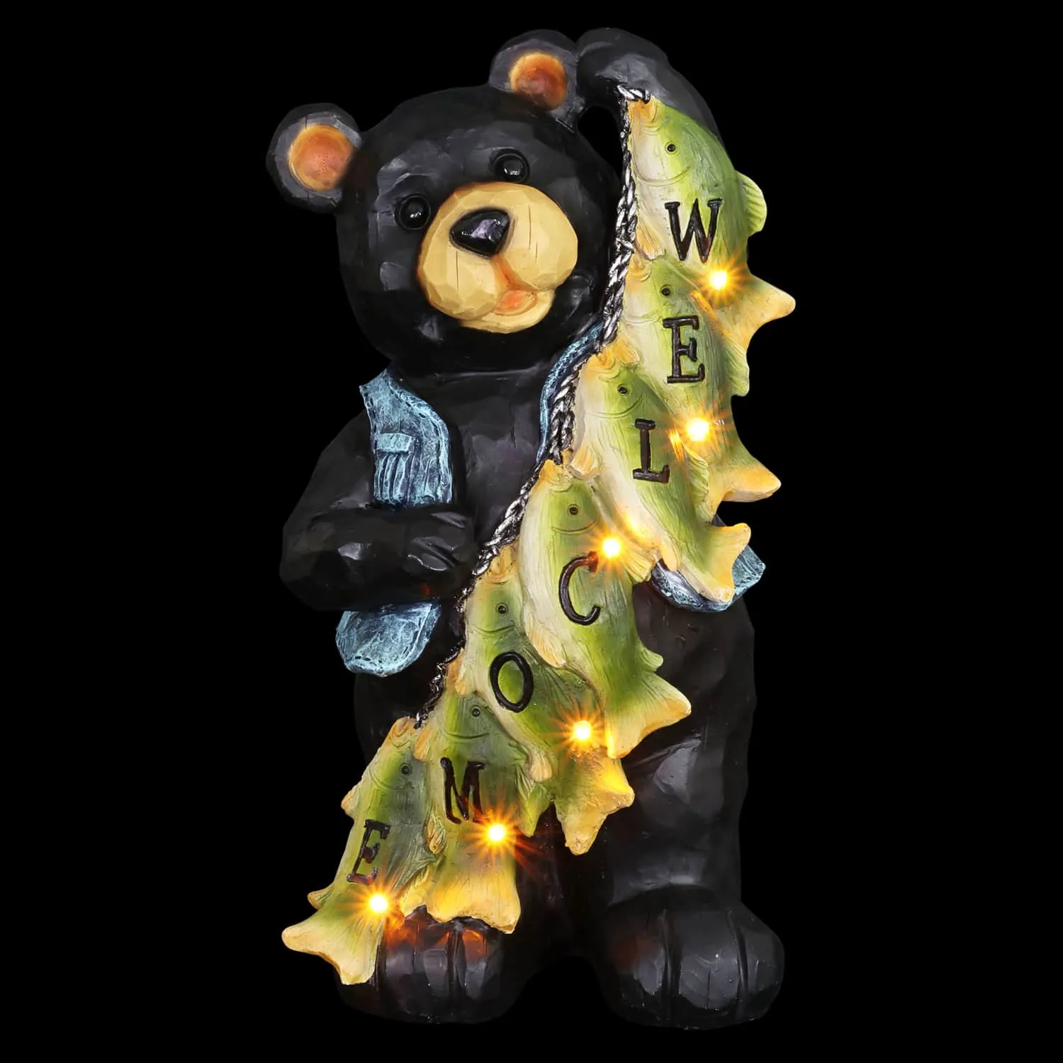 Solar Fish Stringing Welcome Bear, 13 Inch