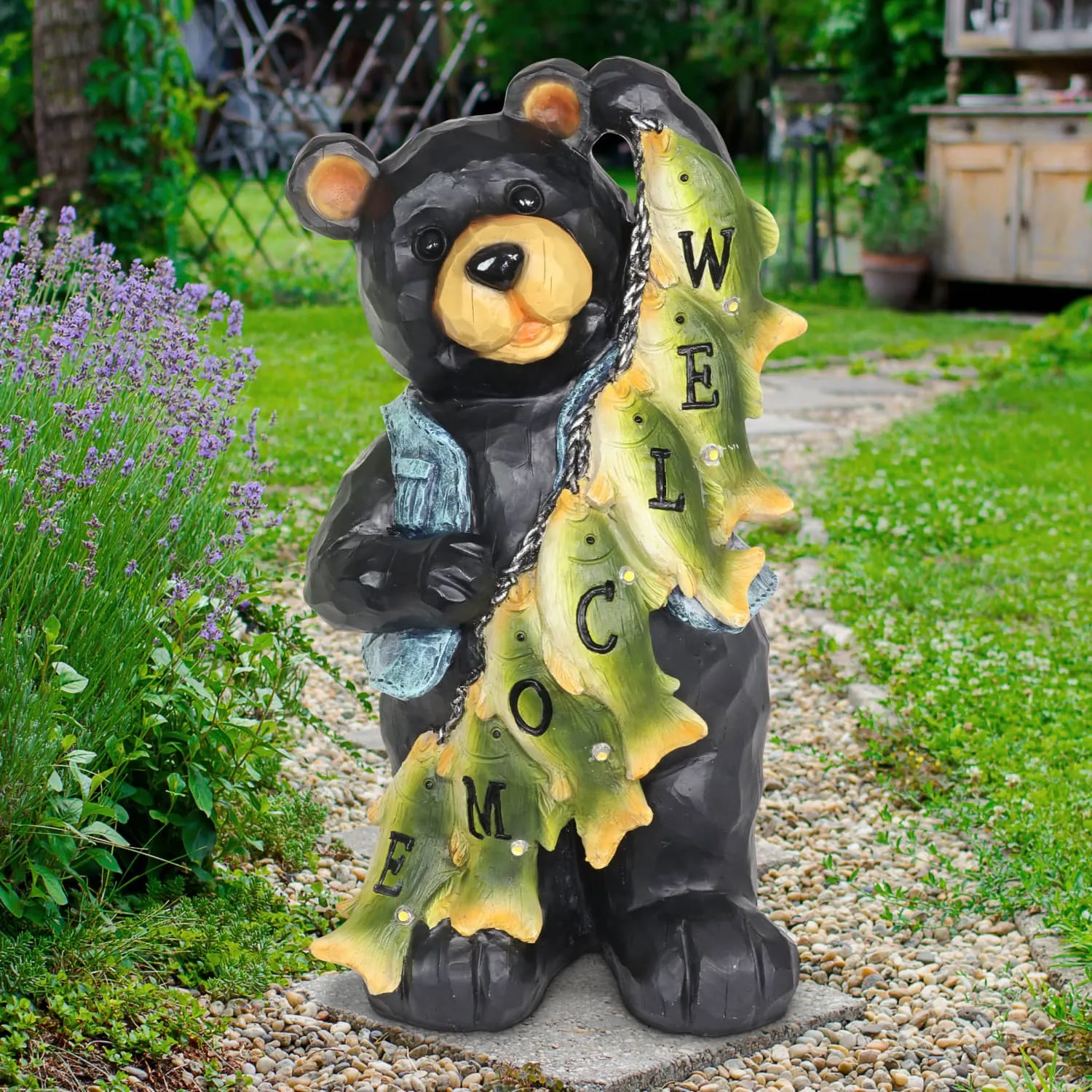 Solar Fish Stringing Welcome Bear, 13 Inch