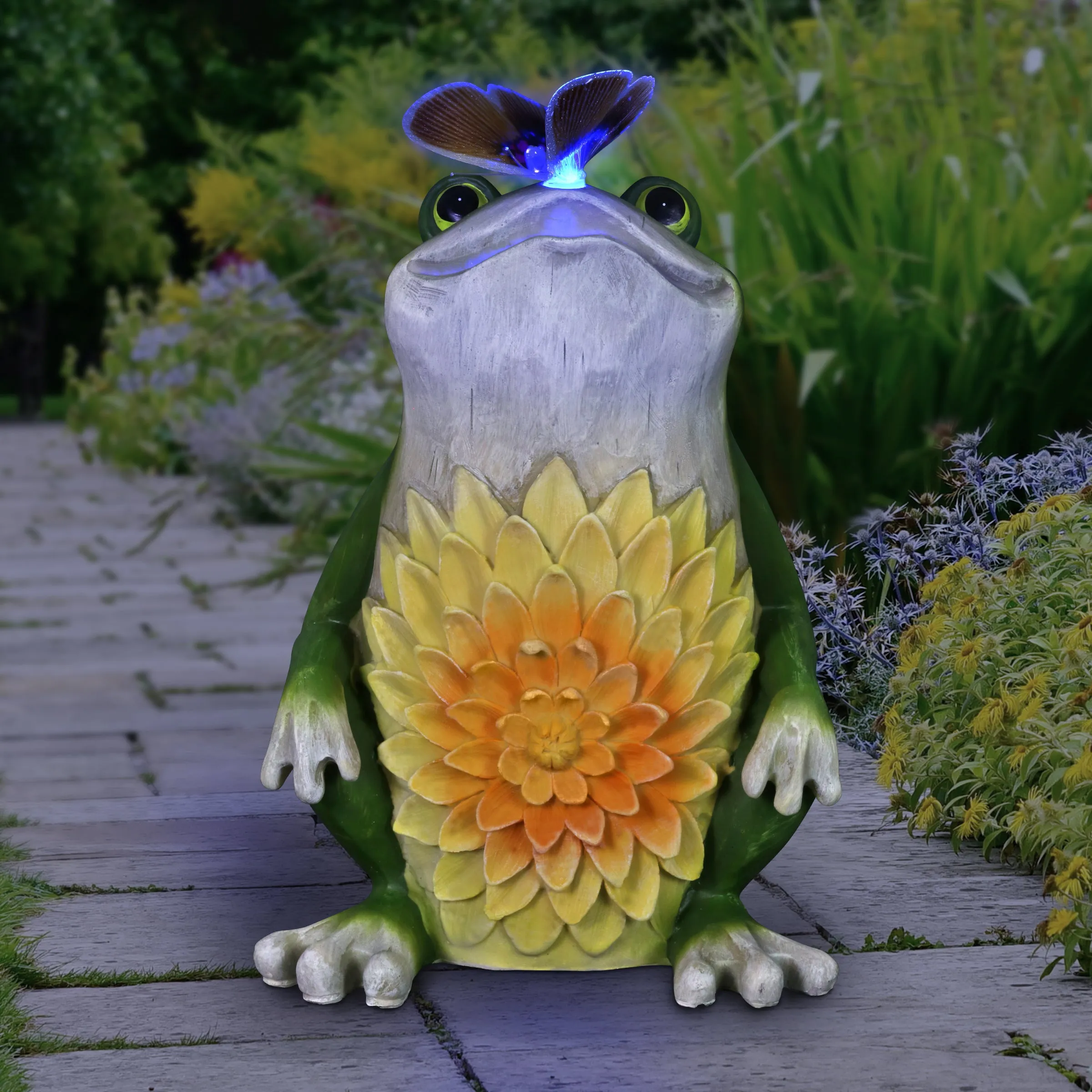Solar Garden Frog Statue with Fiber Optic Color Changing Butterfly, 12 Inch