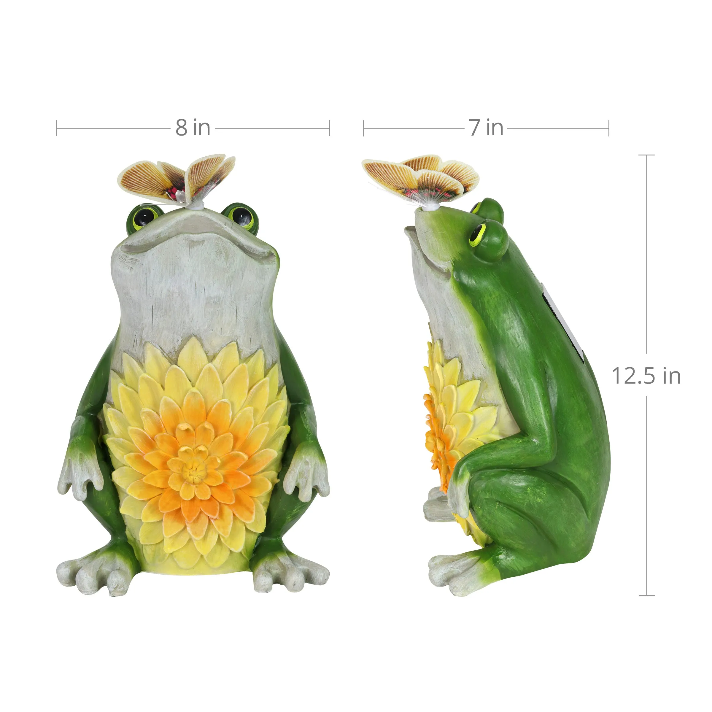 Solar Garden Frog Statue with Fiber Optic Color Changing Butterfly, 12 Inch