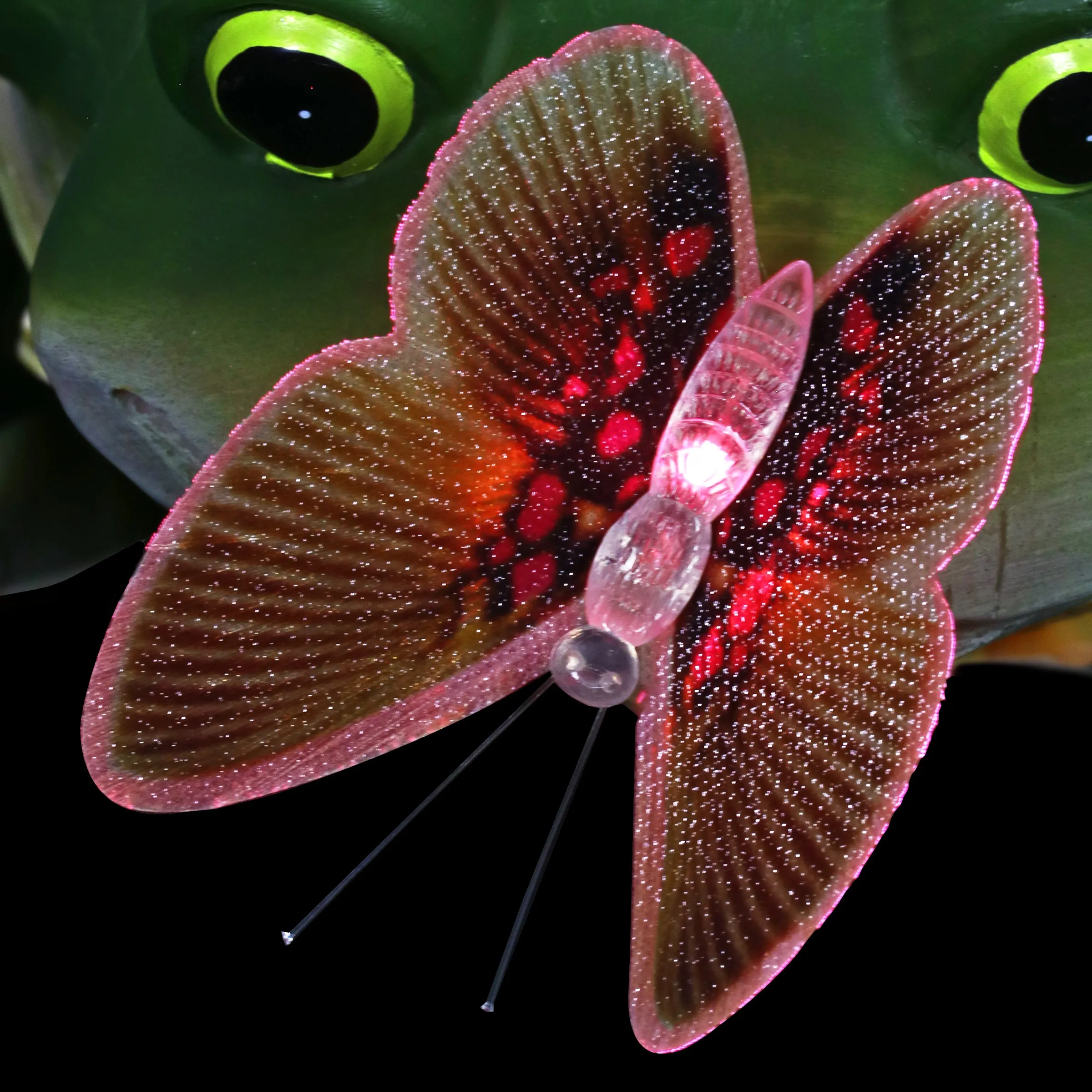 Solar Garden Frog Statue with Fiber Optic Color Changing Butterfly, 12 Inch