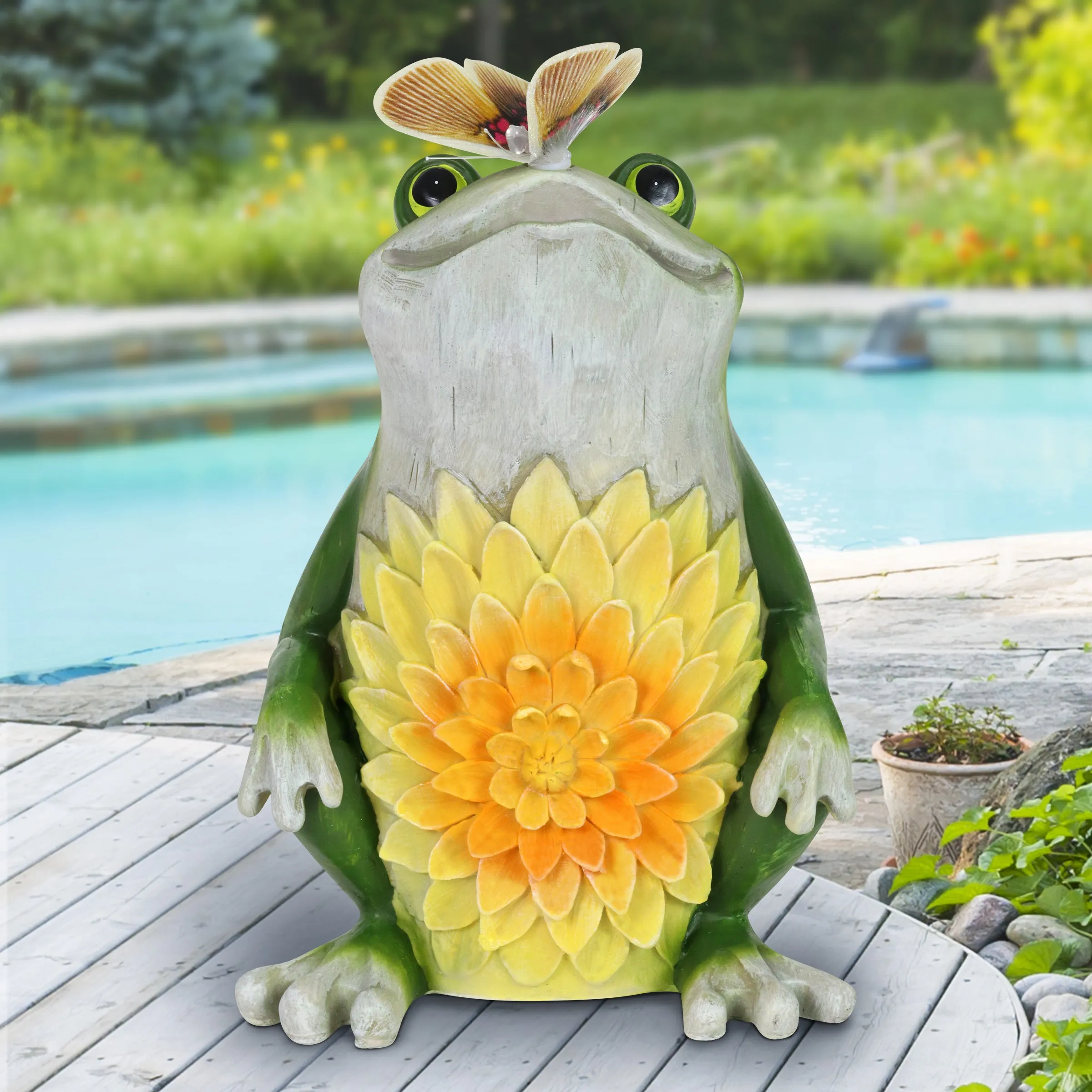 Solar Garden Frog Statue with Fiber Optic Color Changing Butterfly, 12 Inch