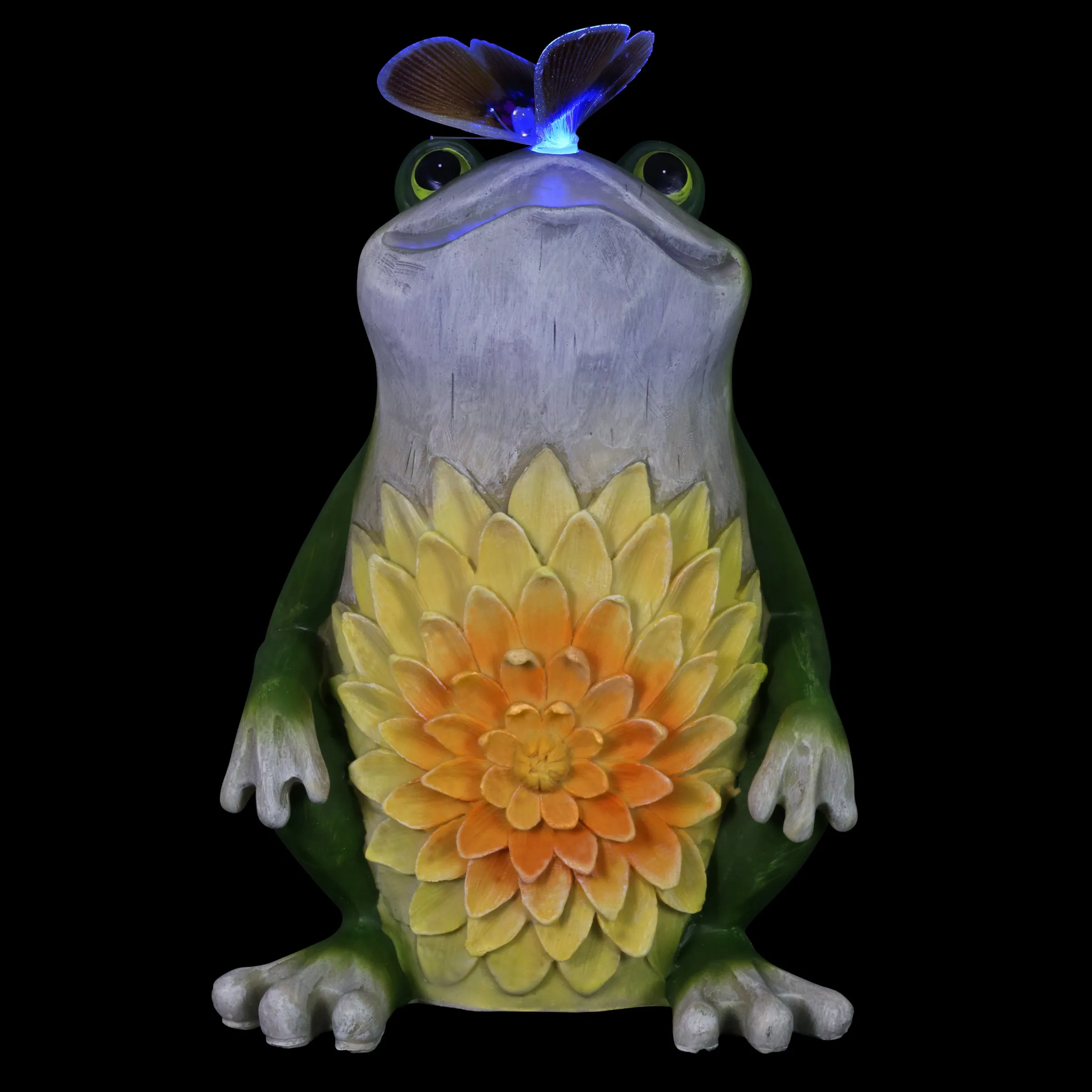 Solar Garden Frog Statue with Fiber Optic Color Changing Butterfly, 12 Inch