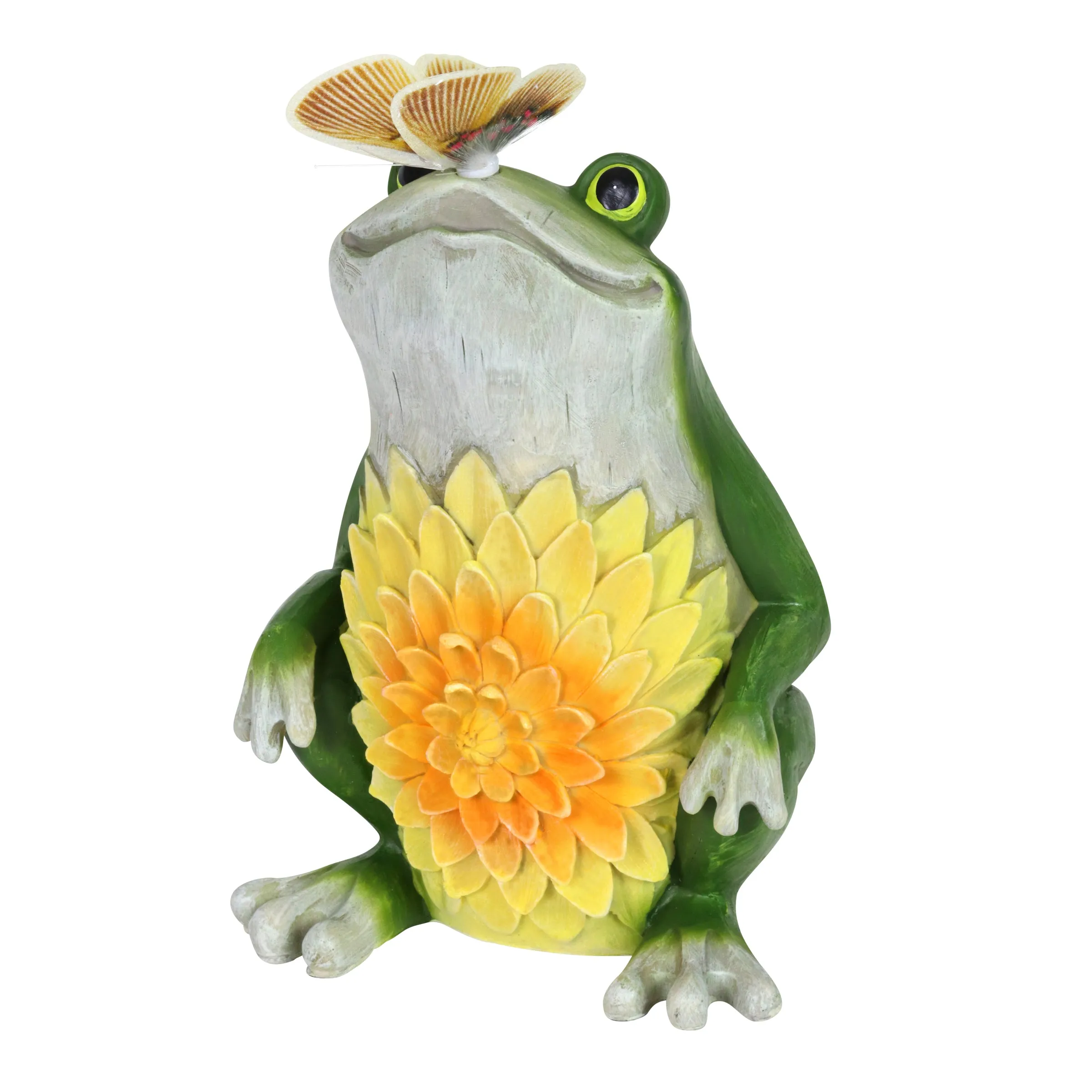 Solar Garden Frog Statue with Fiber Optic Color Changing Butterfly, 12 Inch