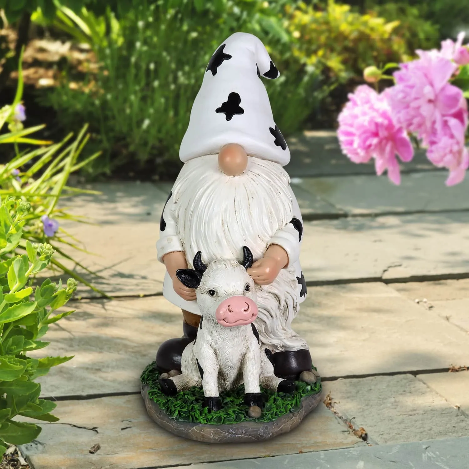 Solar Gnome with Cow Print Hat and Calf Statue, 6.5 by 10 Inches