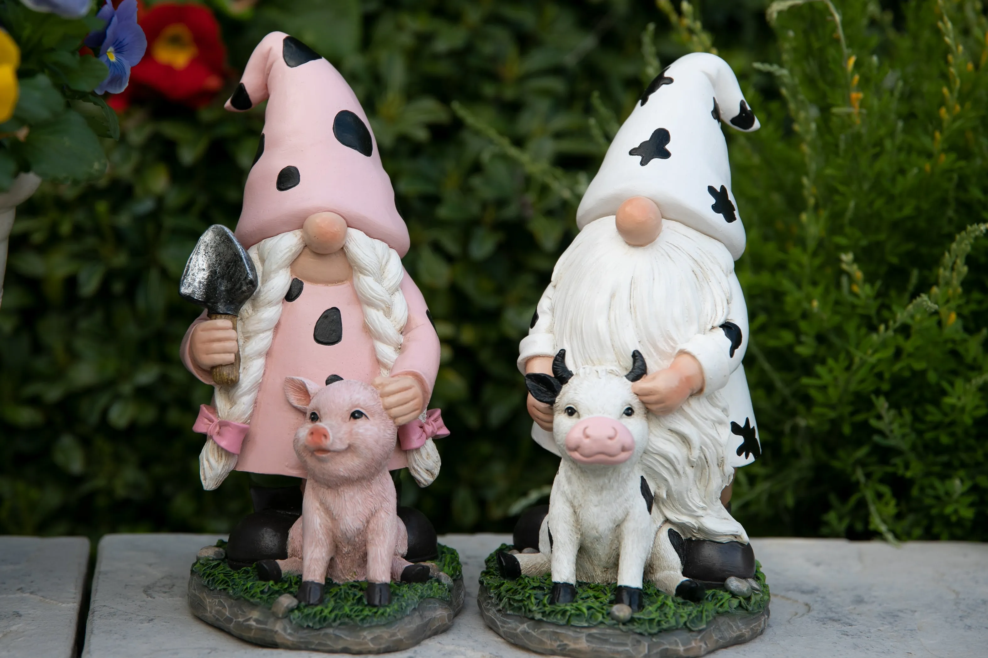 Solar Gnome with Cow Print Hat and Calf Statue, 6.5 by 10 Inches
