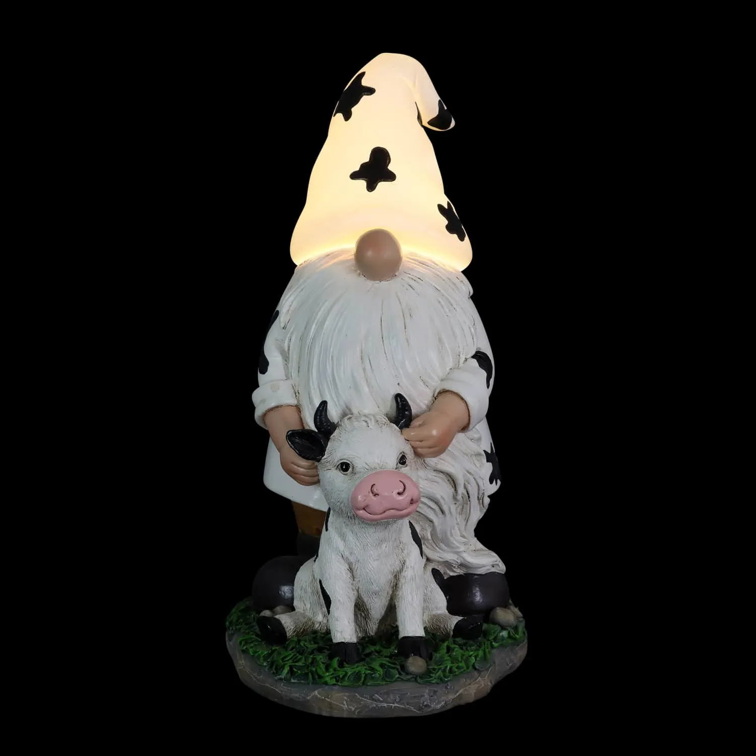 Solar Gnome with Cow Print Hat and Calf Statue, 6.5 by 10 Inches