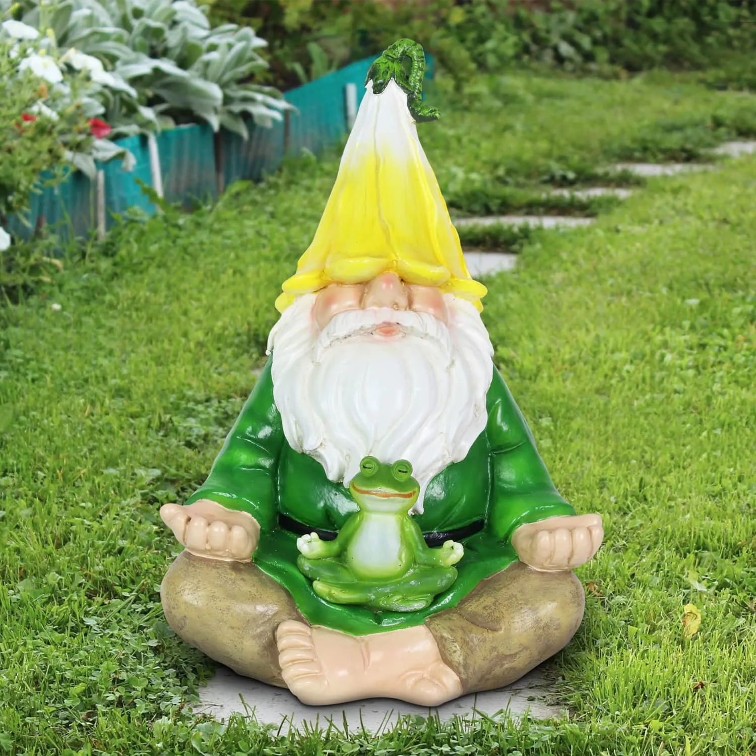 Solar Good Time Meditating Gnamaste Gnome in Lotus Position with Frog Garden Statuary, 8 by 10.5 Inch
