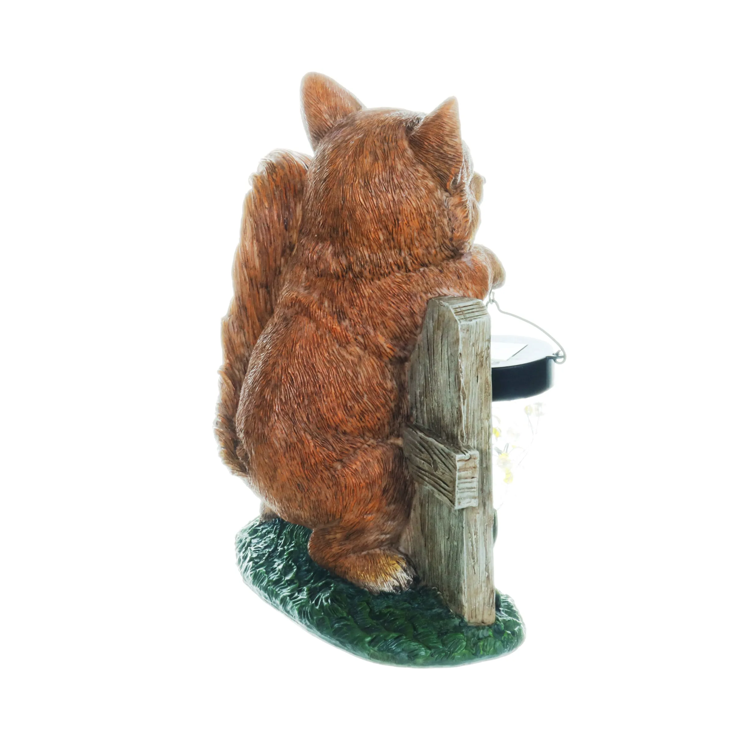 Solar Hand Painted Fox Garden Statue with a Lantern Jar of LED Bumblebees by a Welcome Fence, 9.5 by 11 Inches