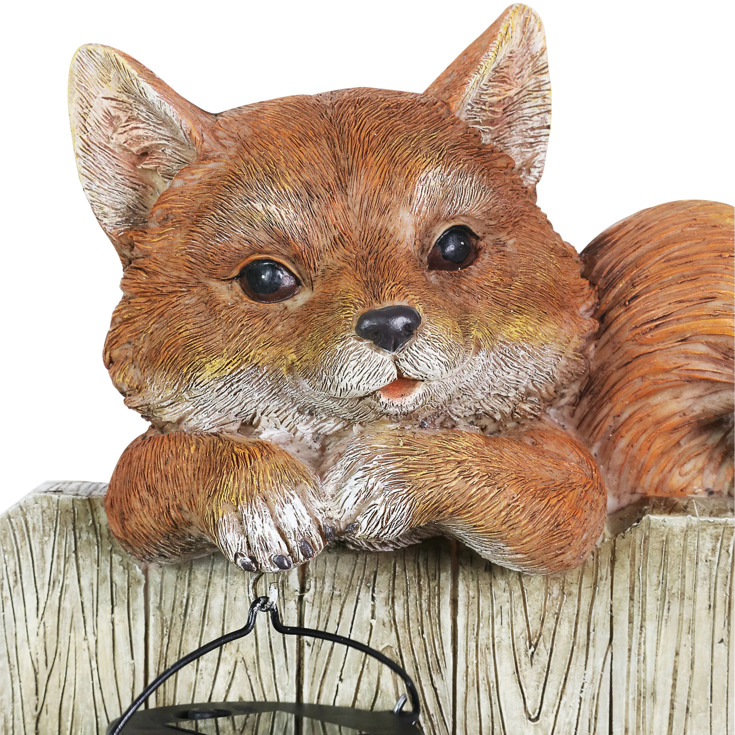 Solar Hand Painted Fox Garden Statue with a Lantern Jar of LED Bumblebees by a Welcome Fence, 9.5 by 11 Inches